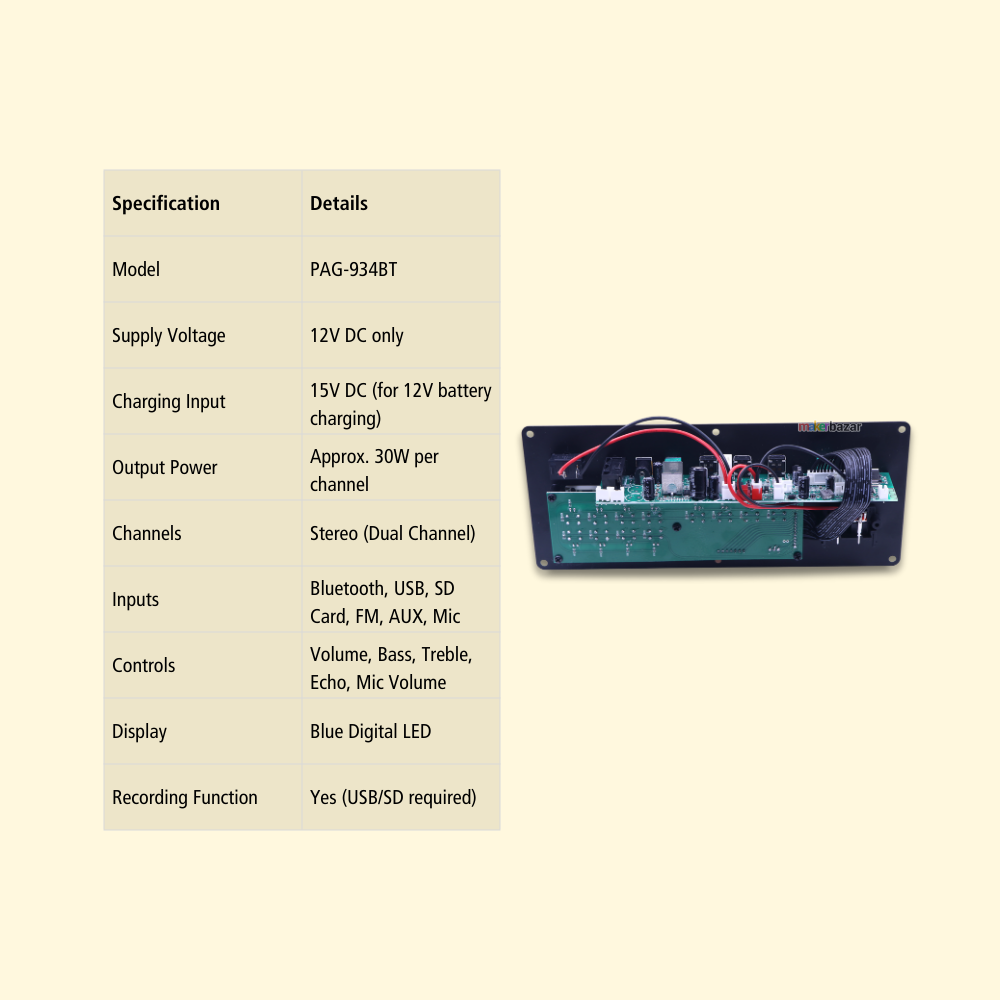 PAG-934BT 12V Big Trolley Amplifier Board with Bluetooth & Karaoke