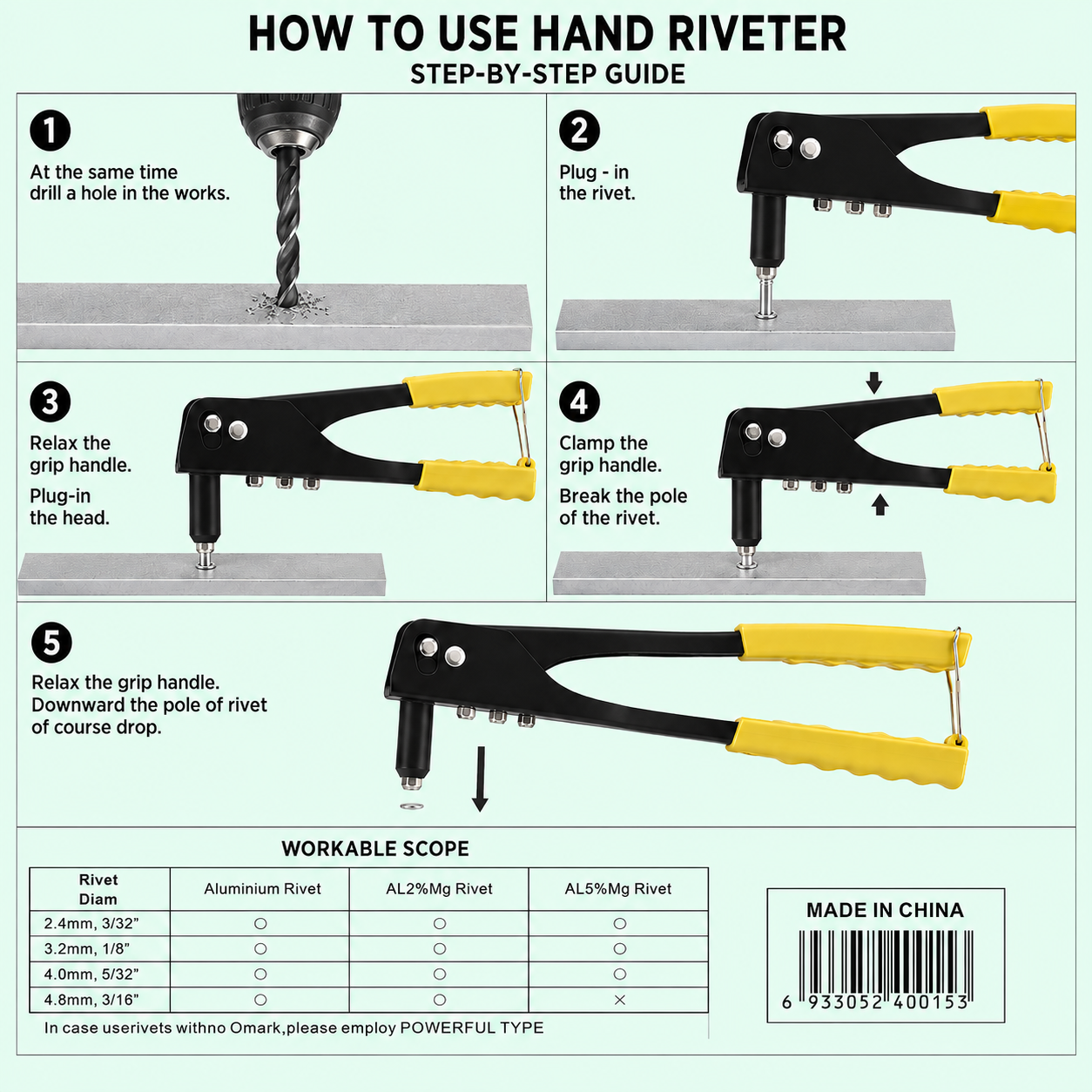 9.5-Inch Hand Rivet Gun Tool for Blind Pop Rivets