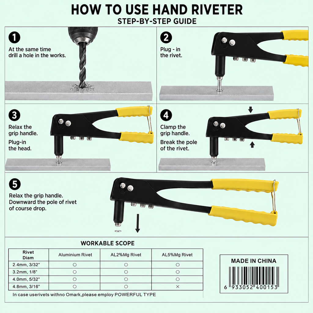 9.5-Inch Hand Rivet Gun Tool for Blind Pop Rivets