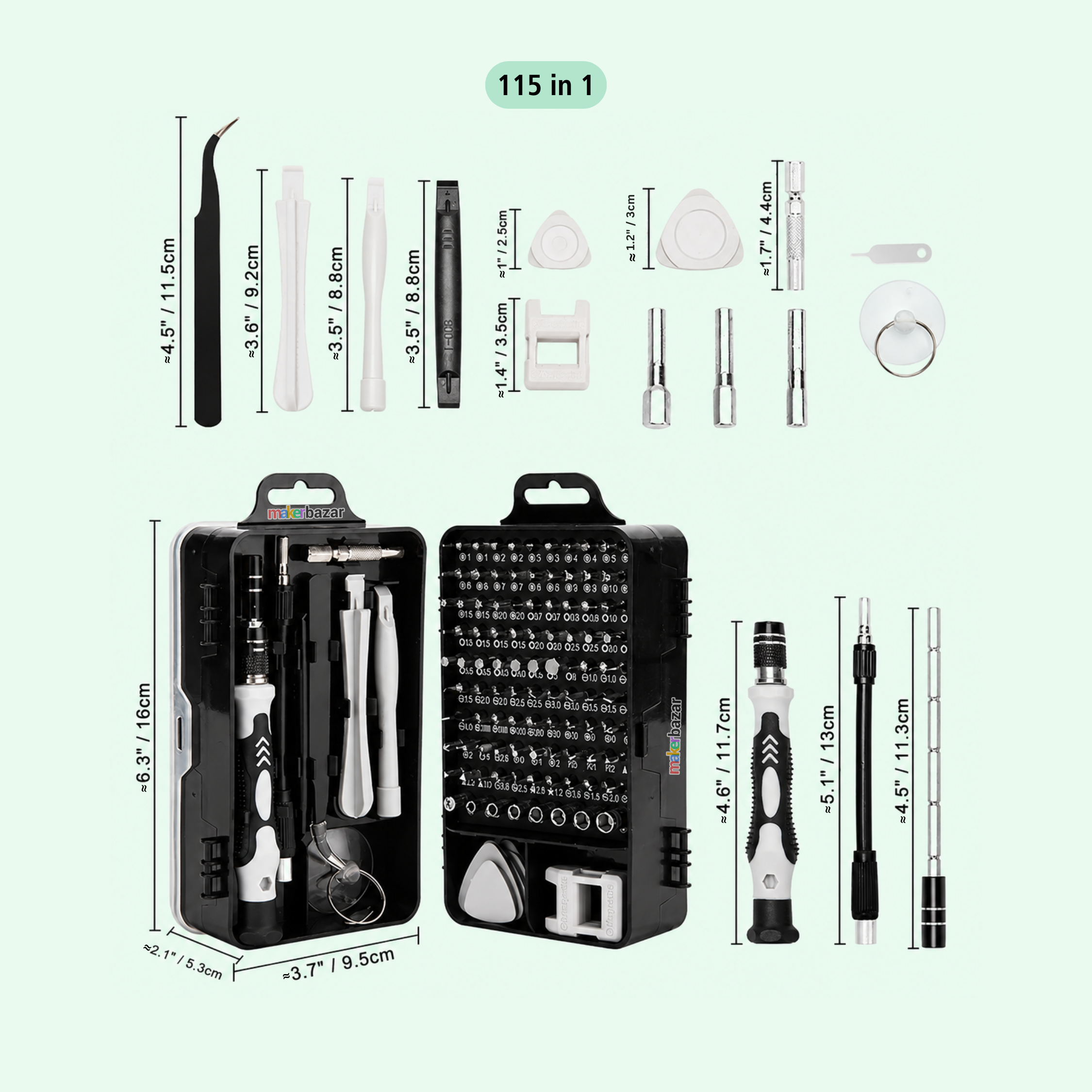 A 115-piece screwdriver and precision tool set displayed on a pale green background with dimension labels. The set includes a black carrying case shown open and closed, multiple screwdriver bits, a small hammer, tweezers, a ring puller, and several interchangeable driver bits, with measurements printed around the tools.