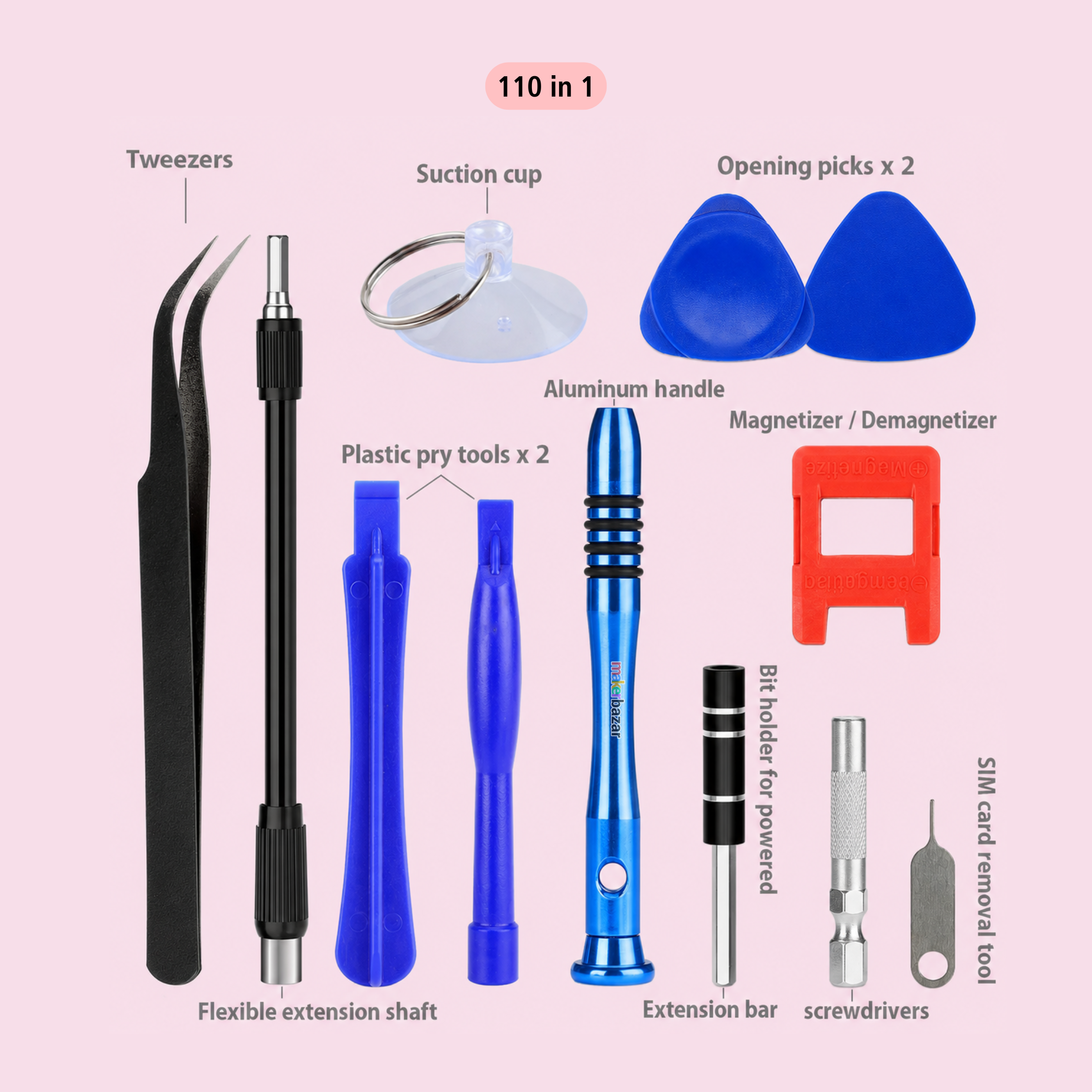 A 110-in-1 plastic and metal phone repair tool kit displayed on a light pink background with labeled components, including tweezers, suction cup, opening picks, aluminum handle, plastic pry tools, extension bar, bit holder, screwdrivers, and SIM card removal tool.