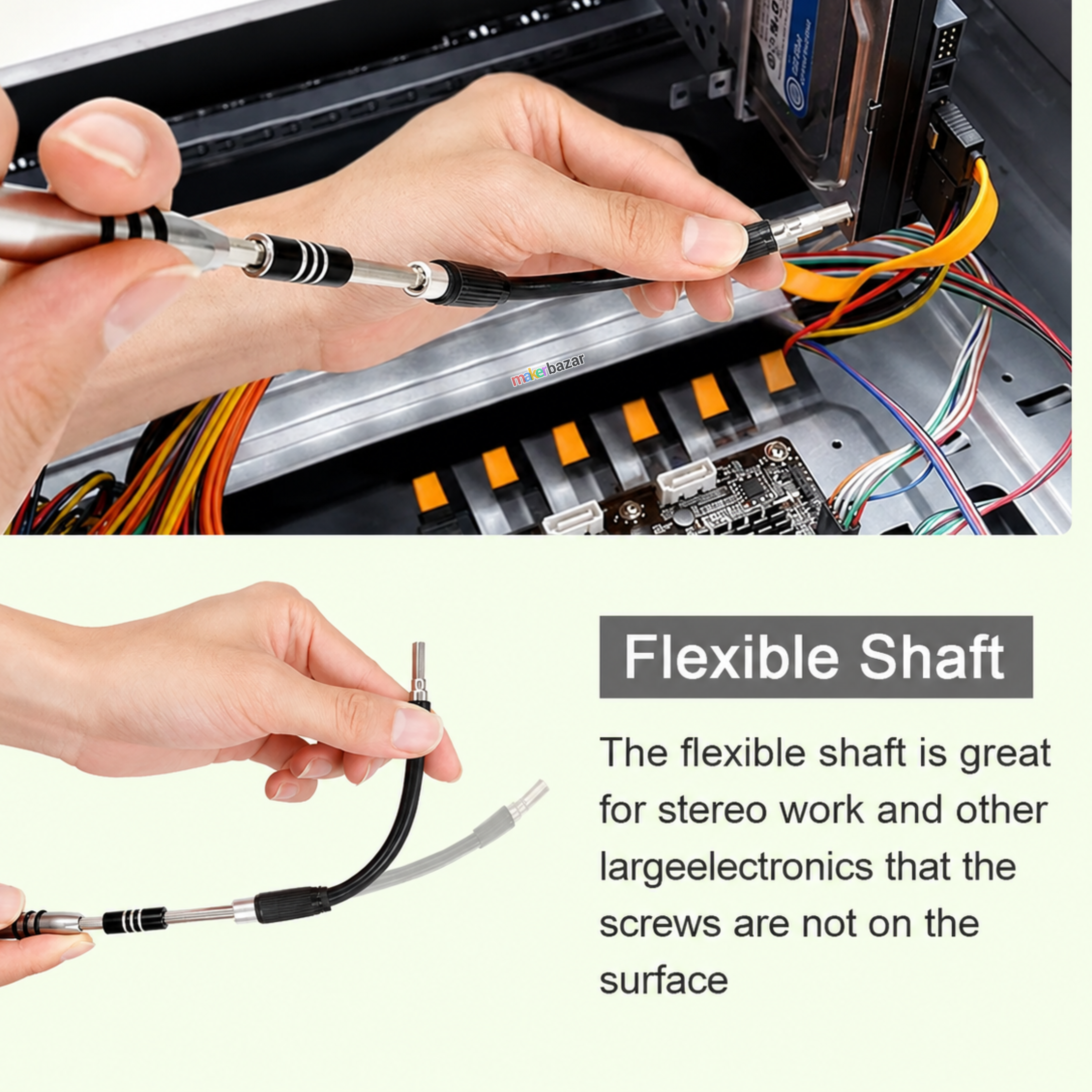 A product demonstration collage showing a flexible screwdriver shaft being used inside an open computer case and held separately to highlight its bendability. Text on the right reads 'Flexible Shaft' with additional descriptive copy.