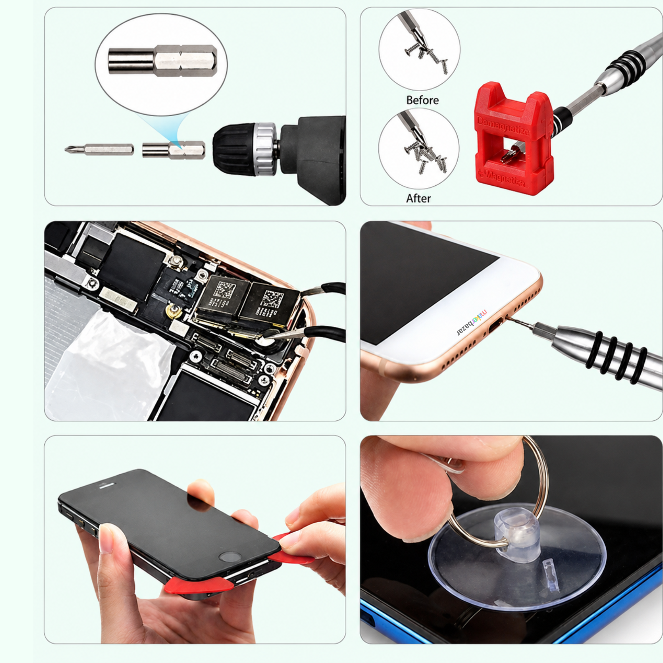 A 5-panel collage demonstrating a smartphone repair and replacement set, including a screwdriver bit set, a red phone stand, internal phone module inspection, a phone being lifted with a suction cup, and a close-up of a screwdriver tip.