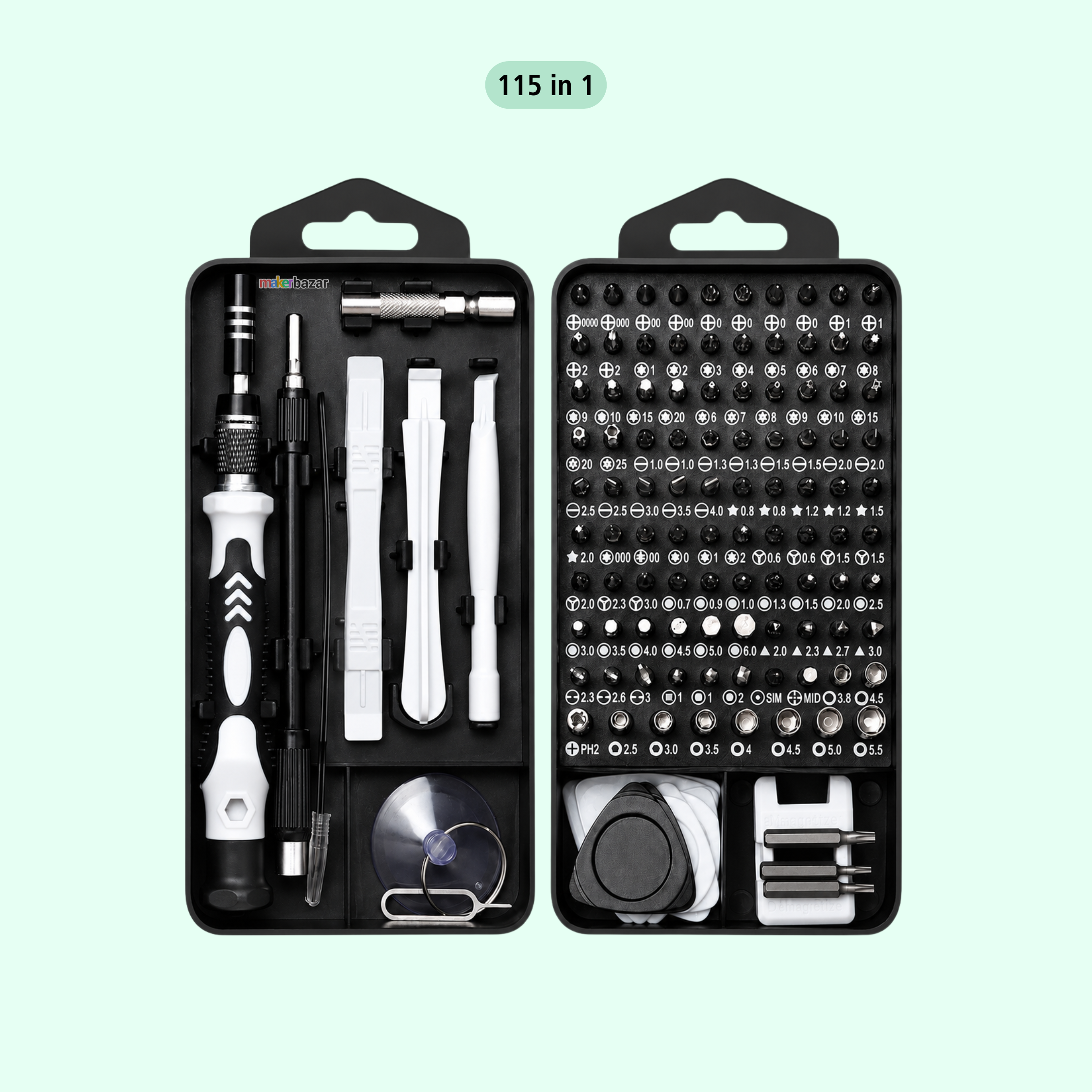 A 115-piece screwdriver bit set displayed in two open black plastic cases against a pale mint green background. The left case shows the main tools, including a white-and-black screwdriver, white precision picks, and accessories.