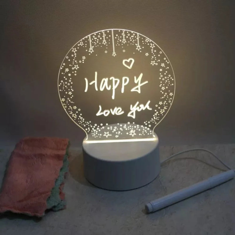 3D Acrylic Creative Message Board with LED Light Base Holder, with Writing Pen