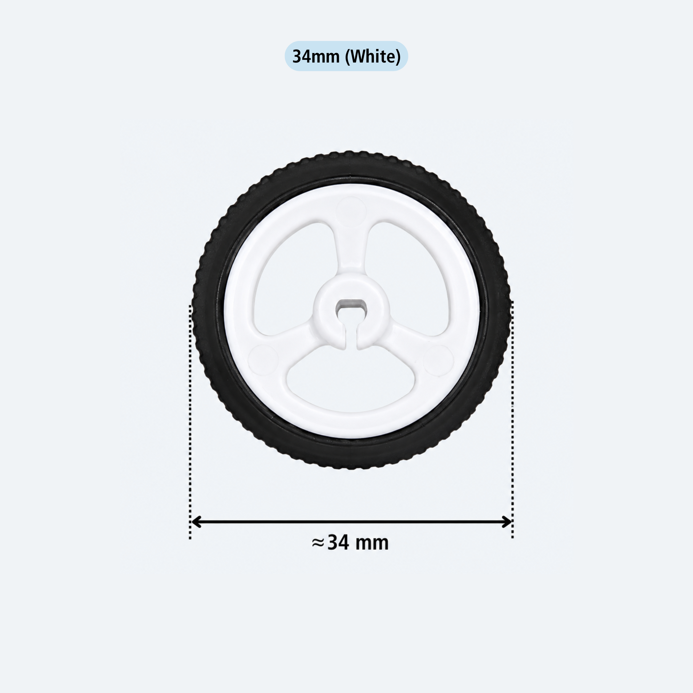 A single wheel component shown on a light gray background with dimension labels reading 34mm (White) at the top and • 34 mm below, indicating size information rather than a plain product hero shot.