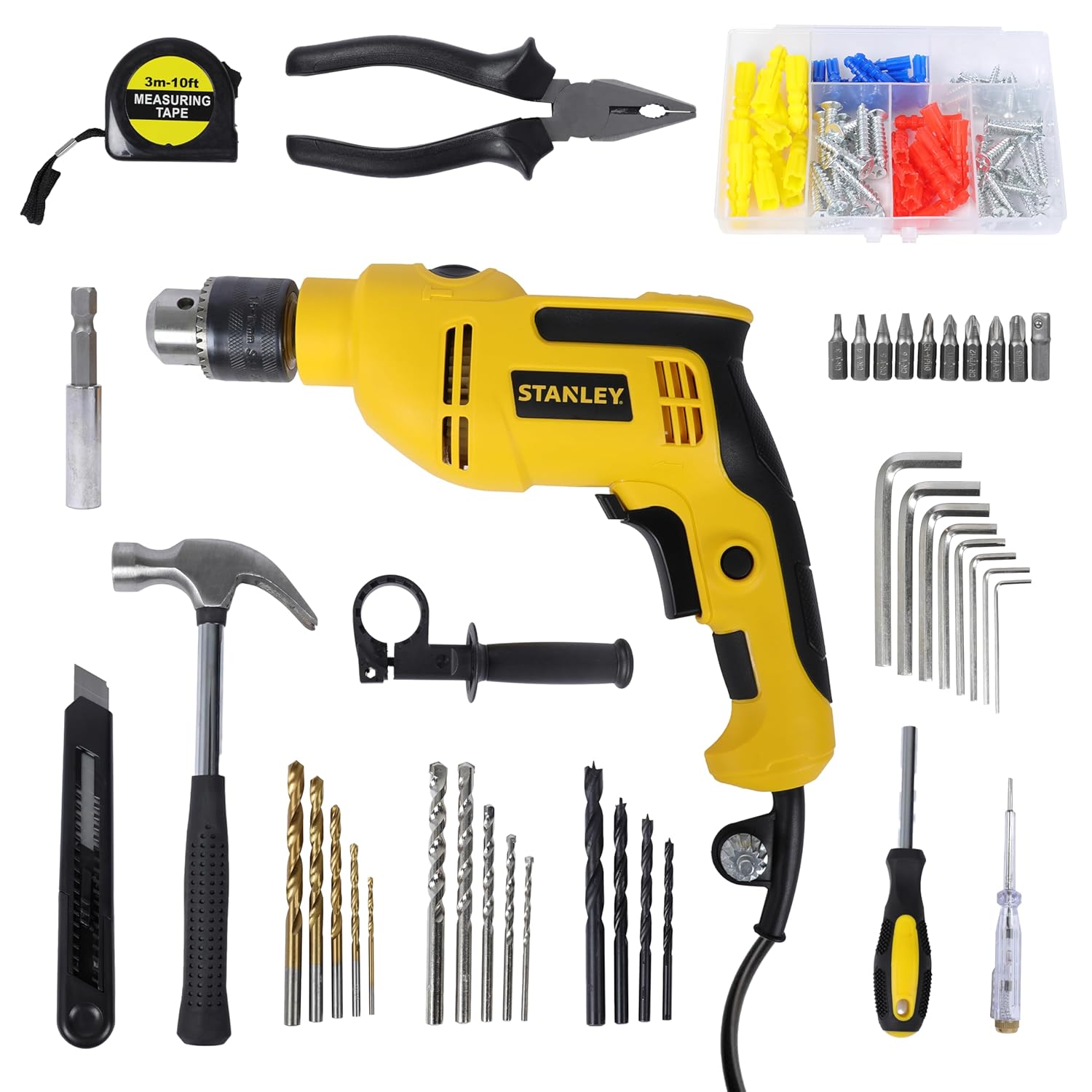 Stanley: SDH550KPA-IN 550W 13mm Corded Single Speed Hammer Drill Machine and Hand Tool Kit (120-Pieces)