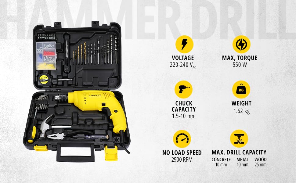 Stanley: SDH550KP 550W 10mm Corded Single Speed Hammer Drill Machine and Hand Tool Kit (120-Pieces)