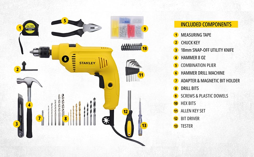 Stanley: SDH550KP 550W 10mm Corded Single Speed Hammer Drill Machine and Hand Tool Kit (120-Pieces)