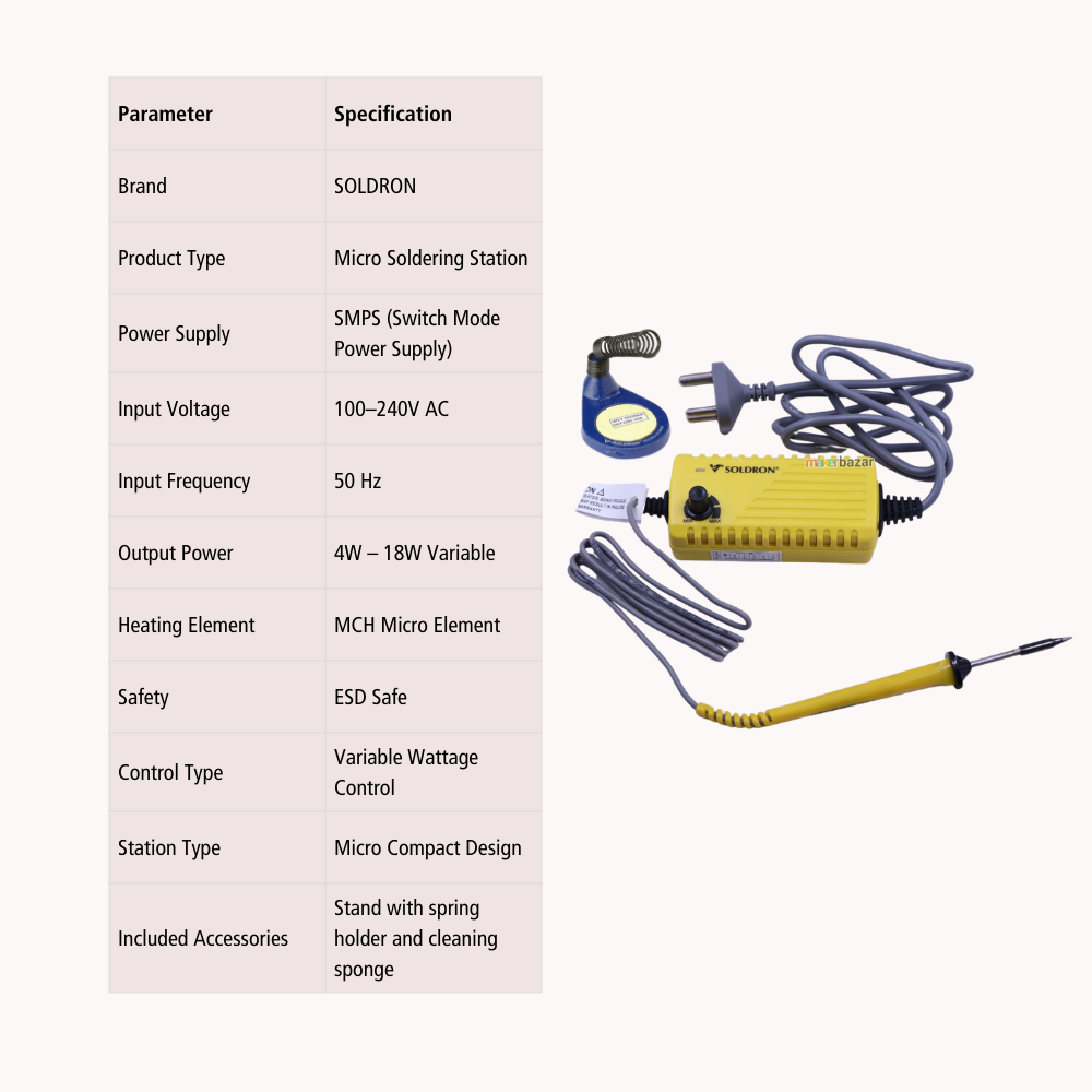 Soldron SMPS Micro Soldering Station 4W–18W Variable Wattage ESD Safe