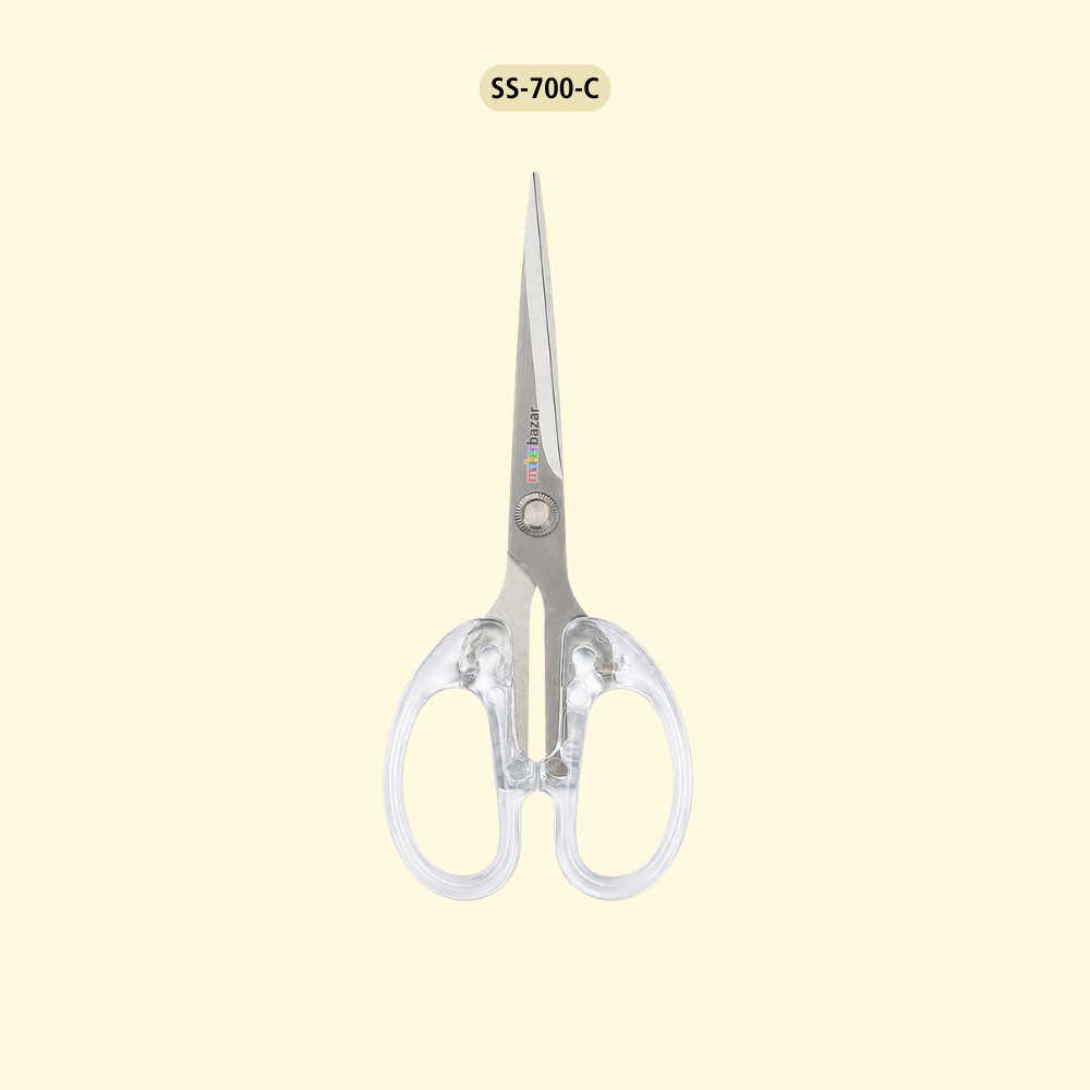 A pair of scissors with silver metal blades and transparent plastic handles, centered on a pale cream background with the text 'SS-700-C' above it.