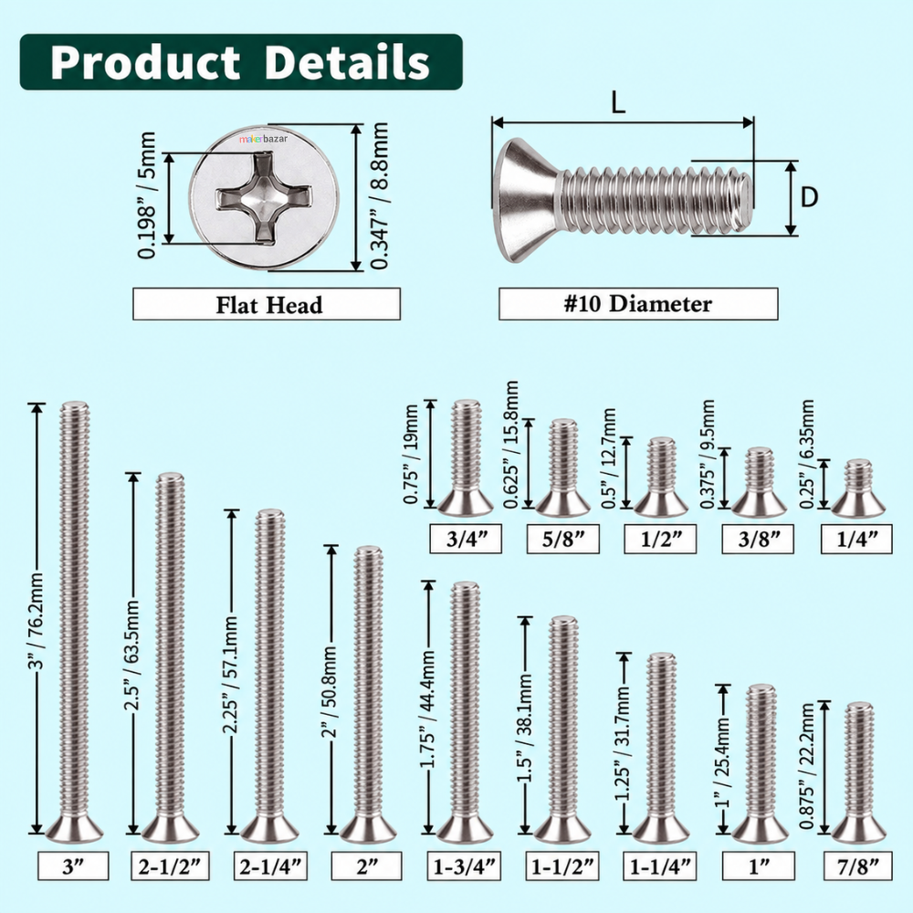 Product details chart for flat head #10 diameter screws, showing head cross-section, thread dimensions, and a row of screw sizes with measurements on a light blue background.