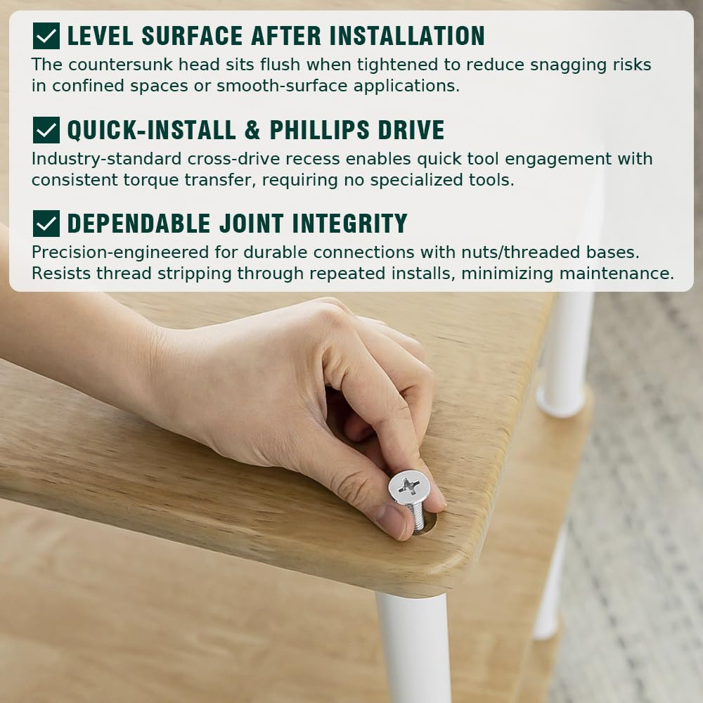 Close-up of a hand installing a small Phillips-head countersunk screw into a light wood tabletop, with three feature callouts and text explaining level surface, quick-install Phillips drive, and dependable joint integrity.
