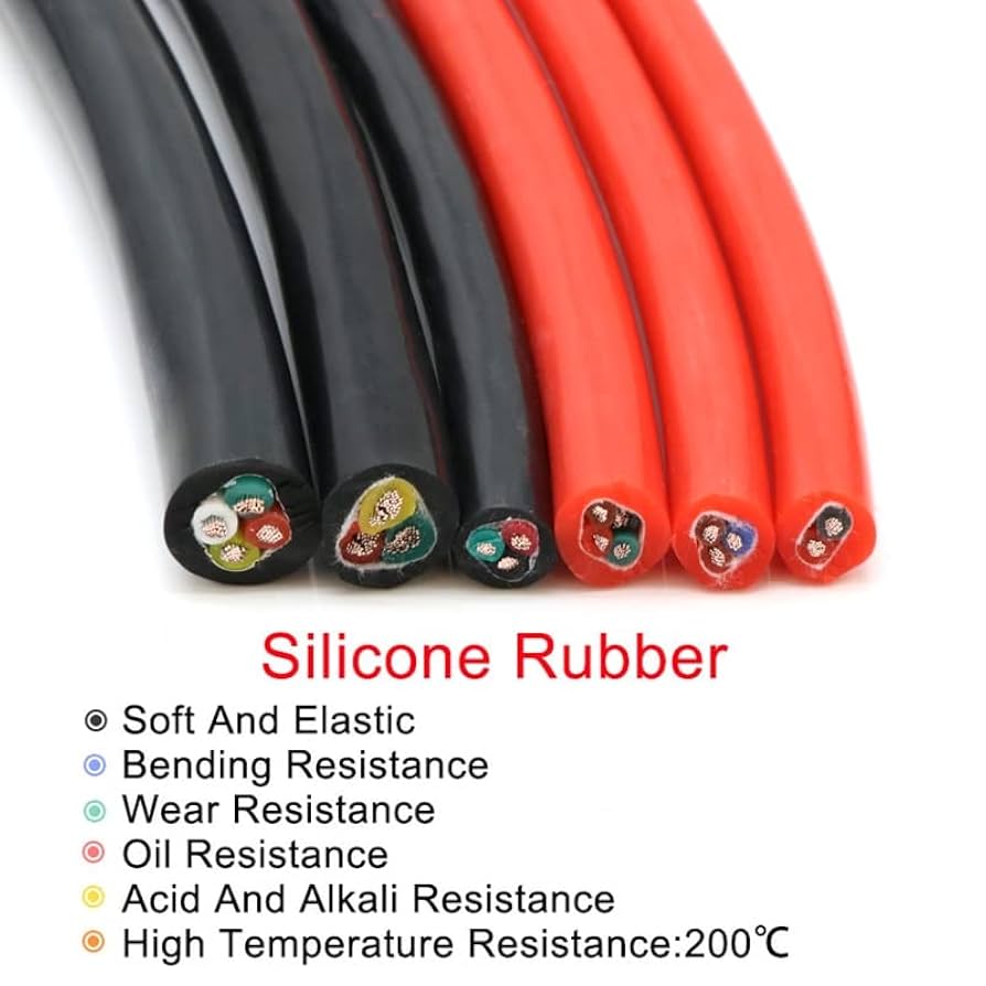 Black and red silicone rubber cables with specifications listed below on a white background