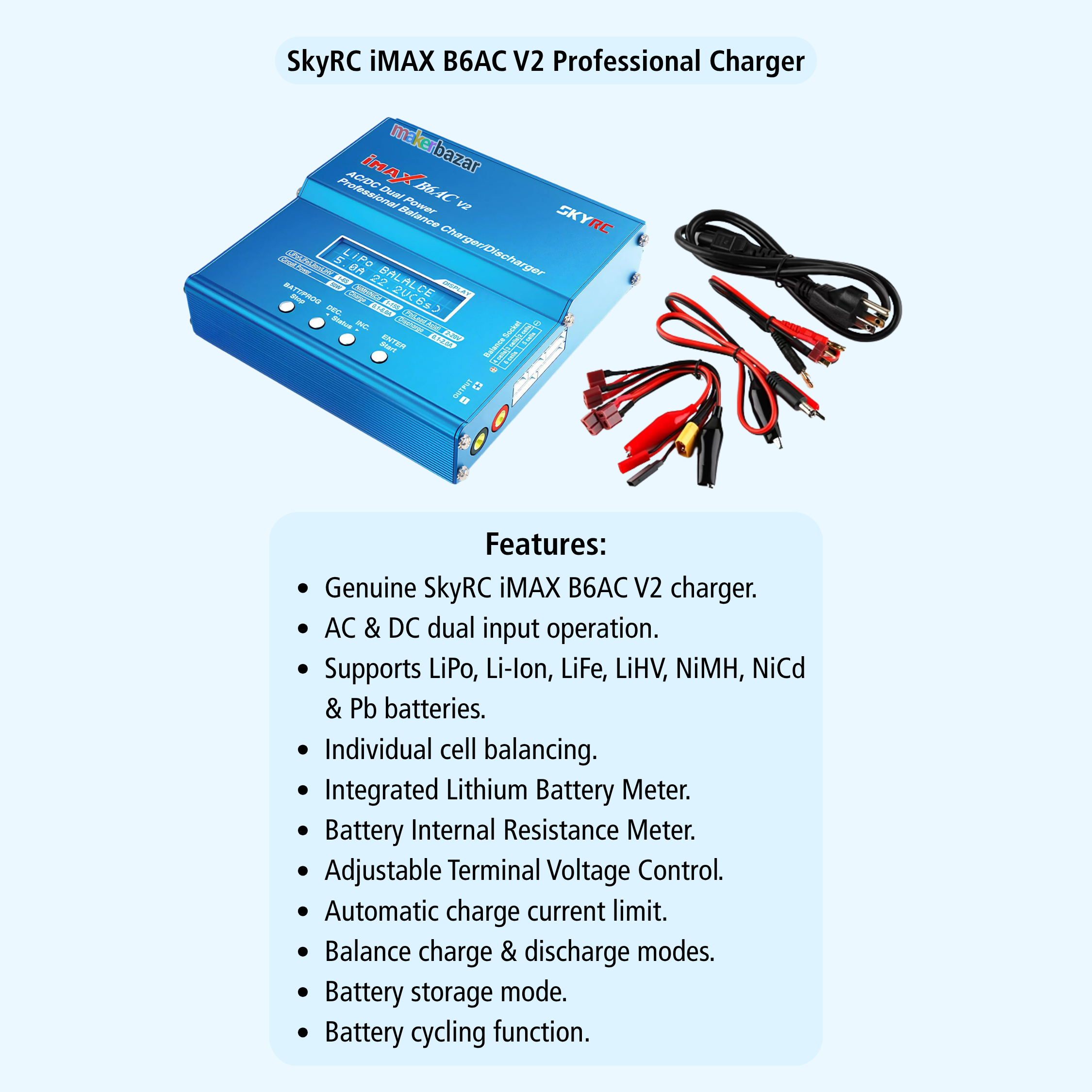 SkyRC iMAX B6AC V2 Professional Charger blue electronic device shown with attached black and red cables on a light blue background, with a features list below.