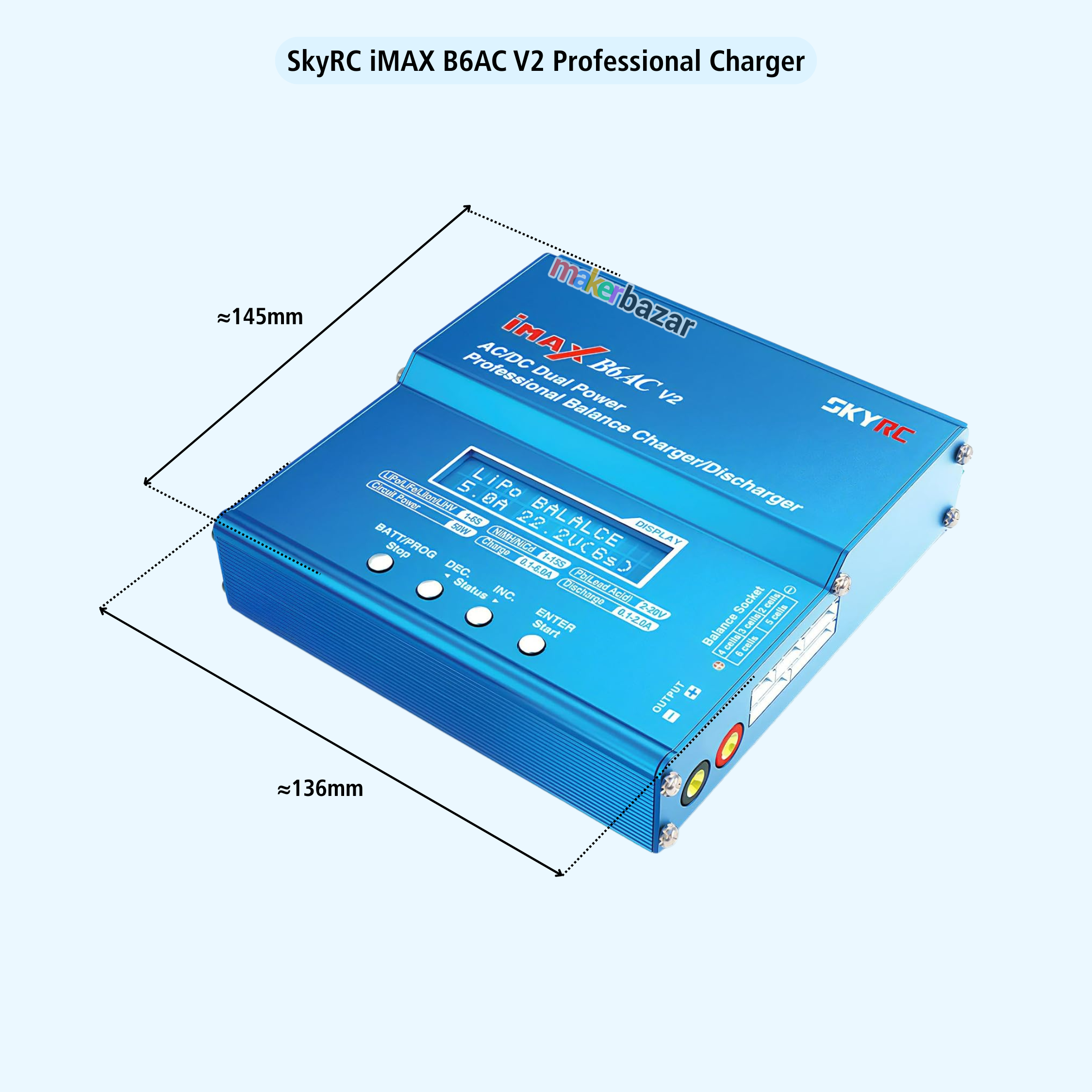 A blue SkyRC iMAX B6AC V2 professional charger shown at an angle with dimension lines indicating approximately 145mm in width, 136mm in depth, and 180mm in height, on a light blue background.
