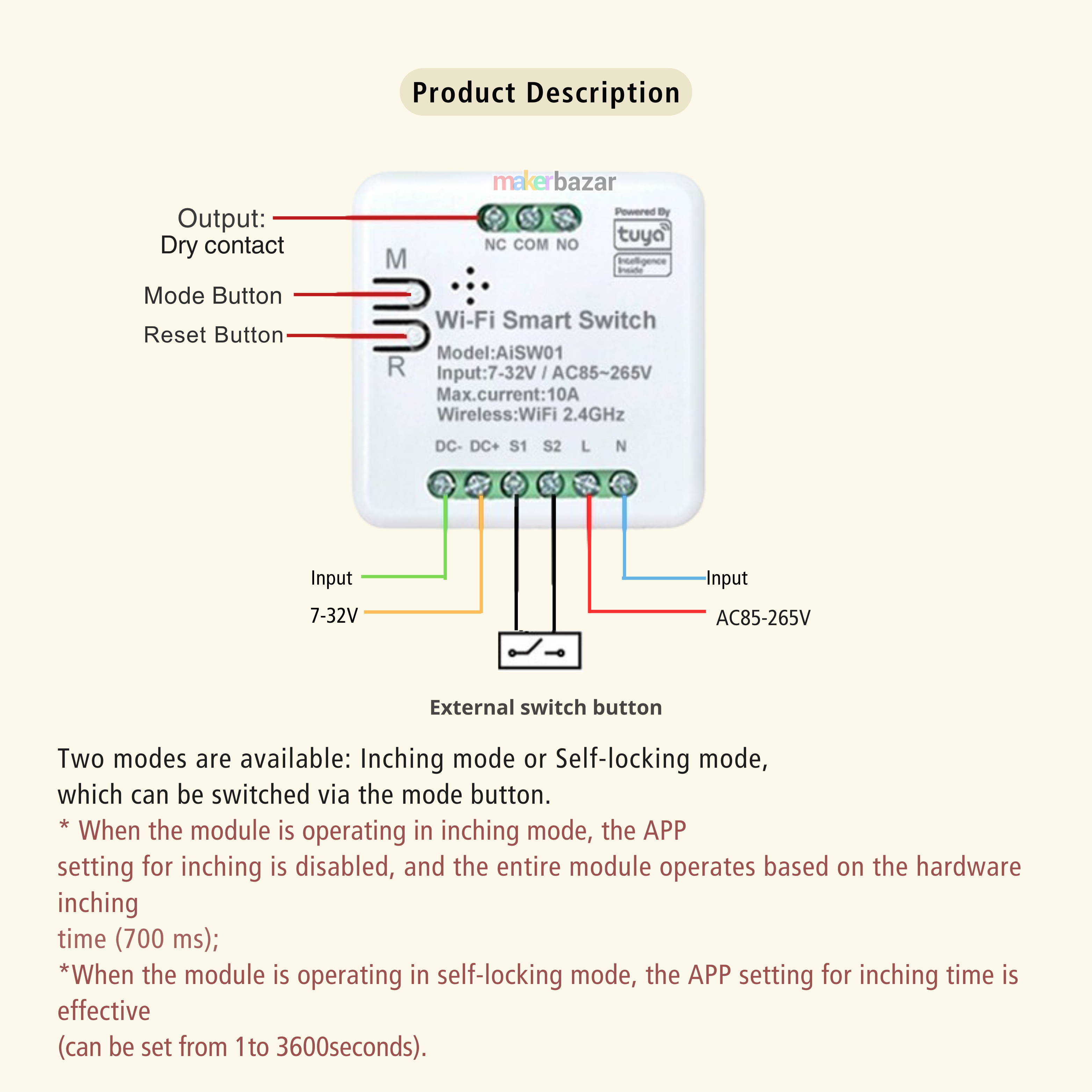 Tuya/Smart-Life WiFi RF Smart Switch Relay Module 7-32VDC 85-265VAC 10A For Home Automation