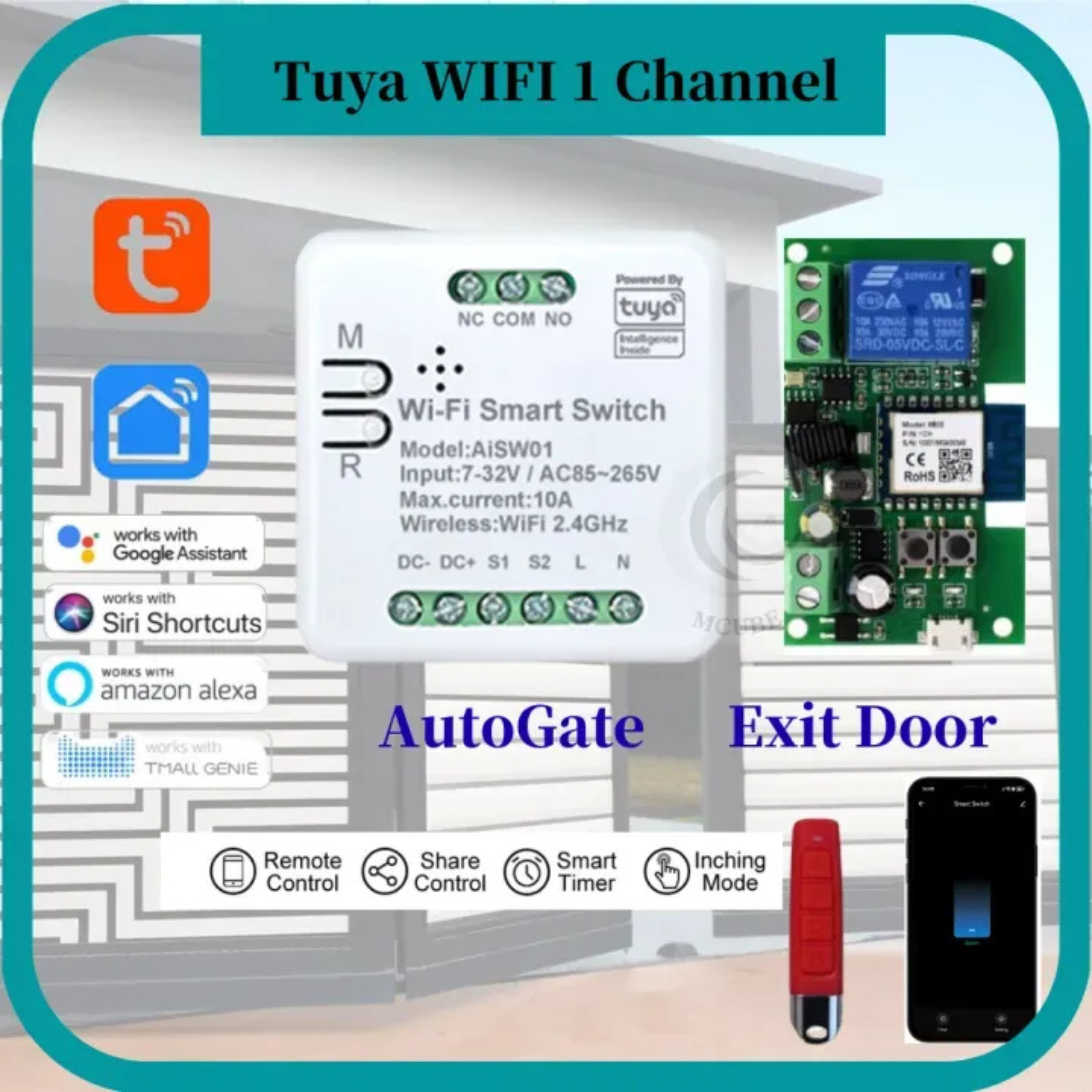 Tuya/Smart-Life WiFi RF Smart Switch Relay Module 7-32VDC 85-265VAC 10A For Home Automation