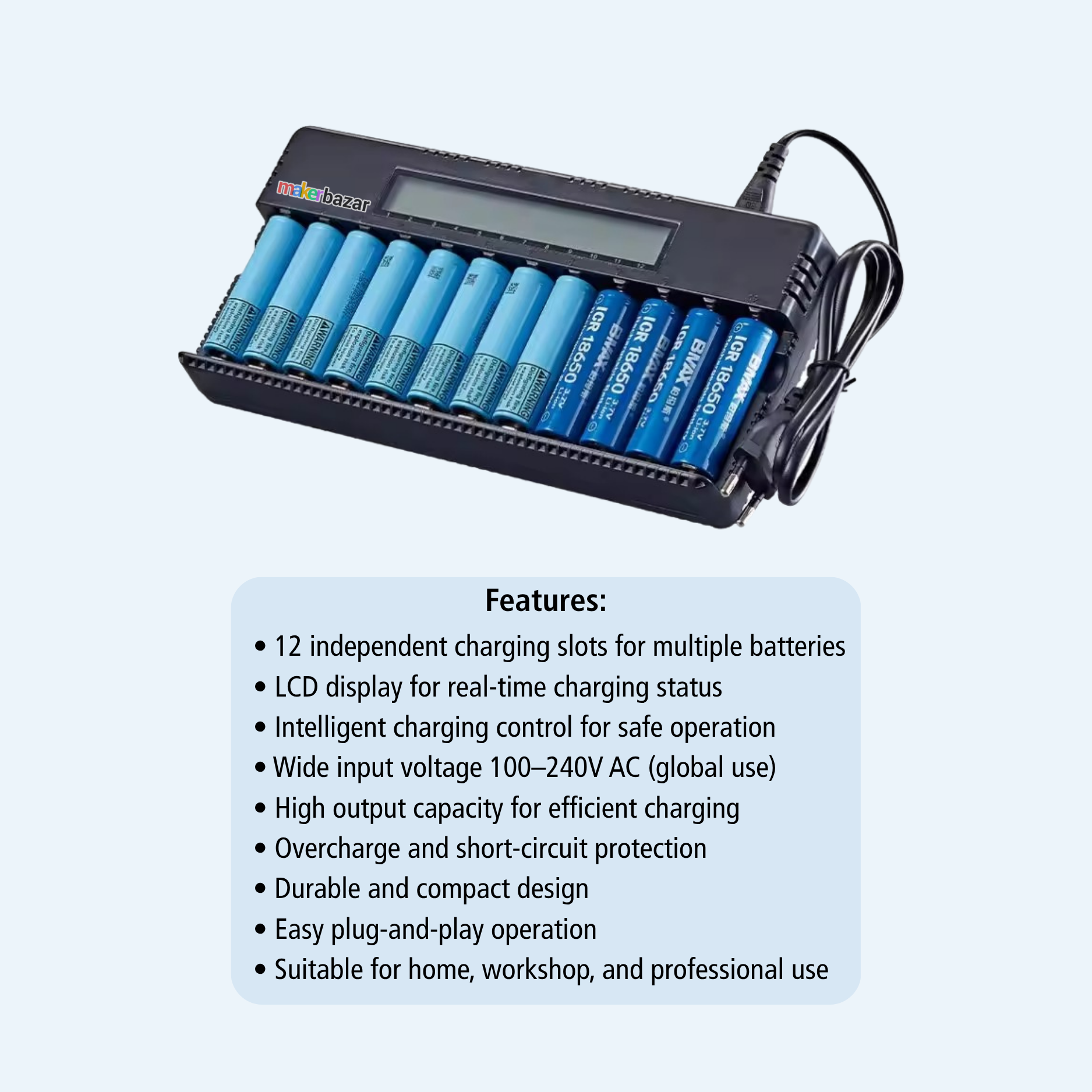 12-Slot Smart Lithium Battery Charger with LCD Display