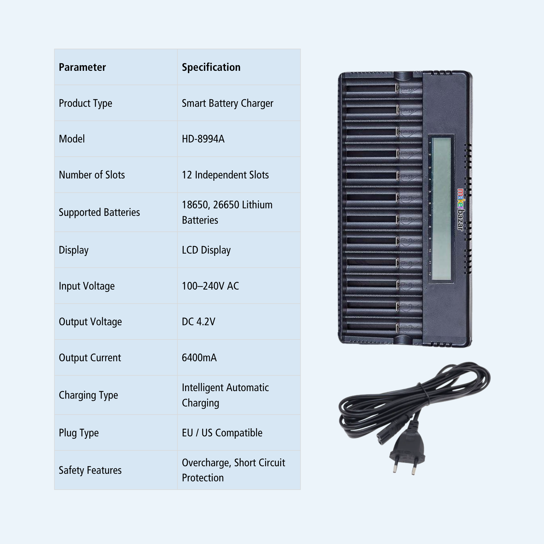 12-Slot Smart Lithium Battery Charger with LCD Display