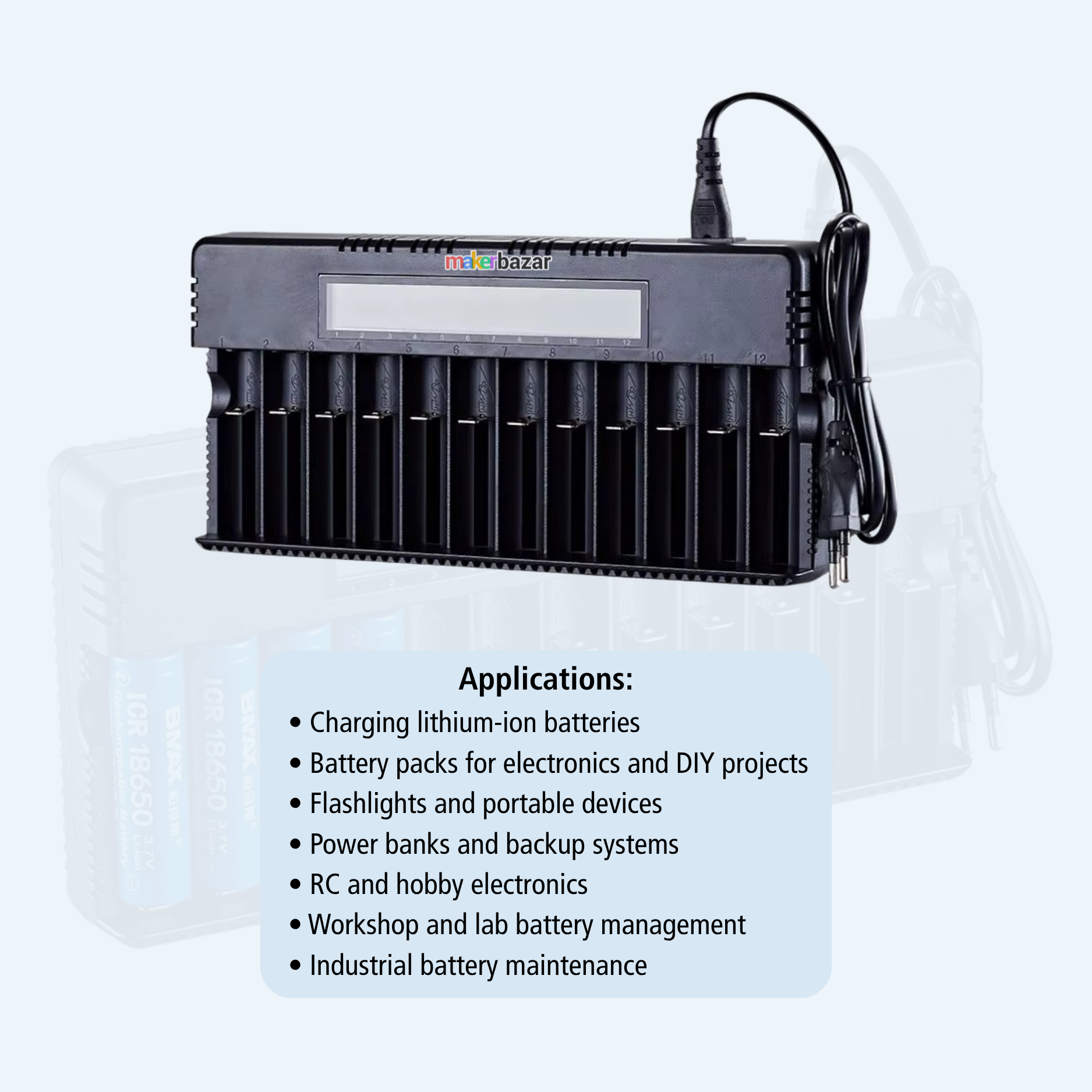 12-Slot Smart Lithium Battery Charger with LCD Display