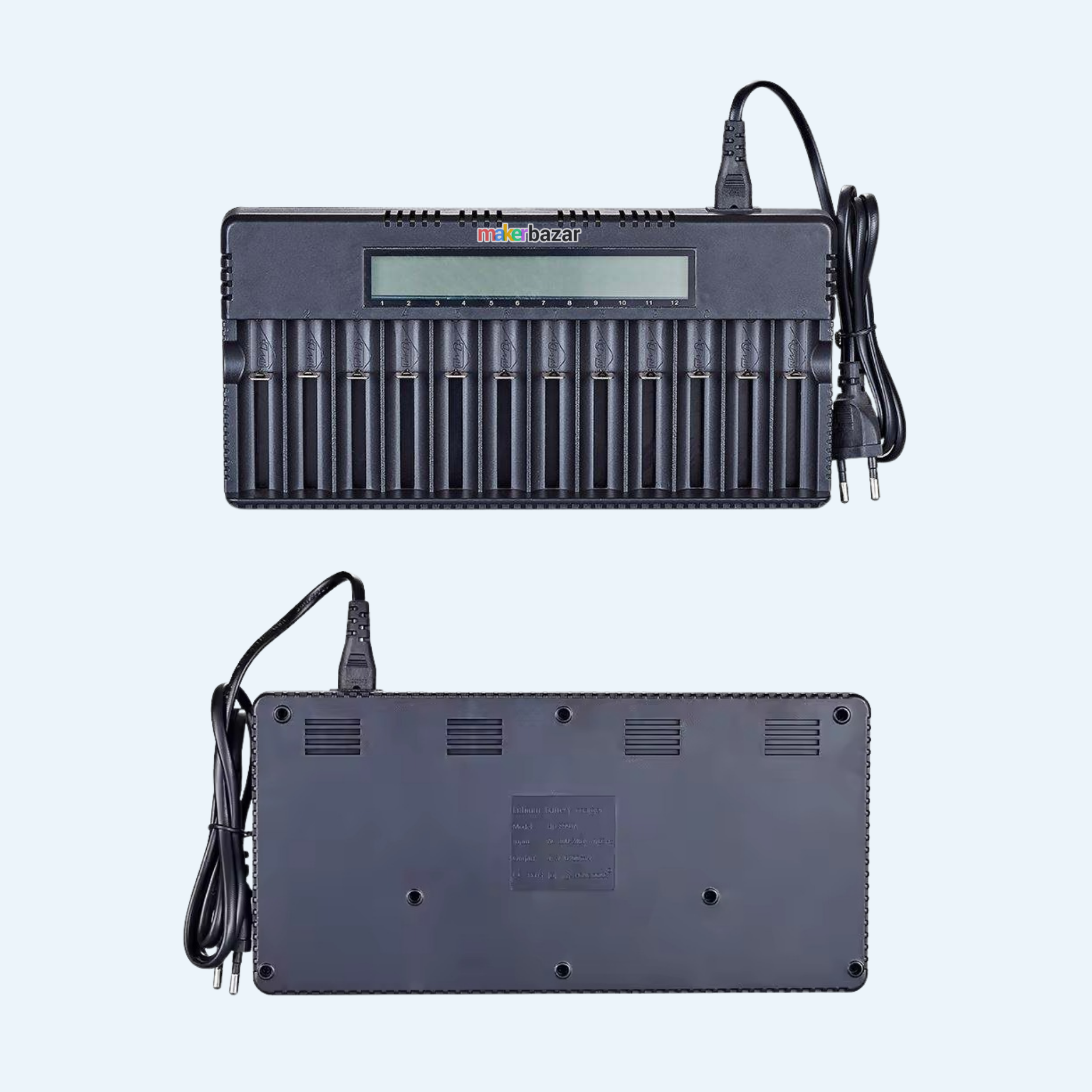 12-Slot Smart Lithium Battery Charger with LCD Display