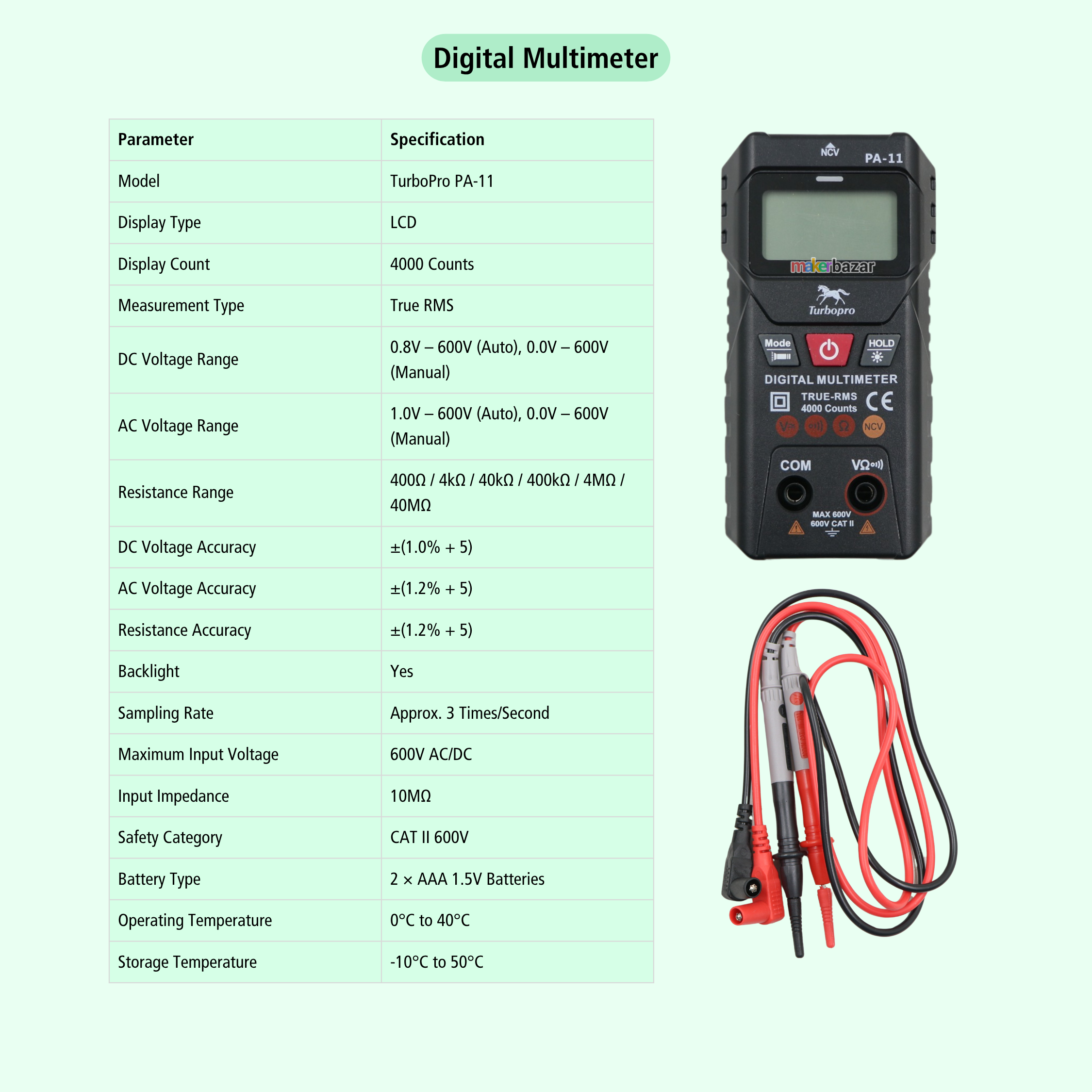 TurboPro PA-11 Intelligent Digital Multimeter 4000-Counts True RMS Auto Range NCV Tester
