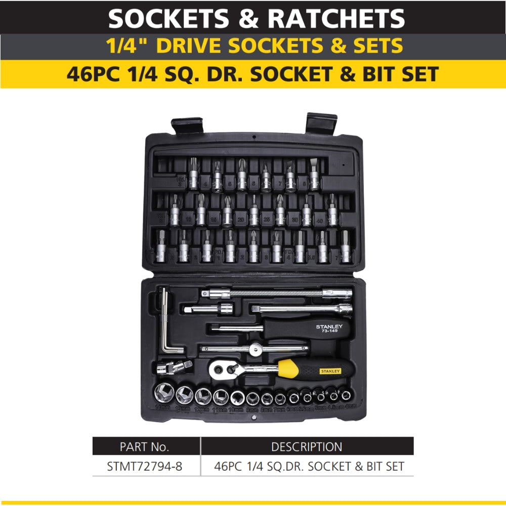 Stanley STMT72794-8 1/4'' 46pcs Square Drive Metric Socket & Bit Set