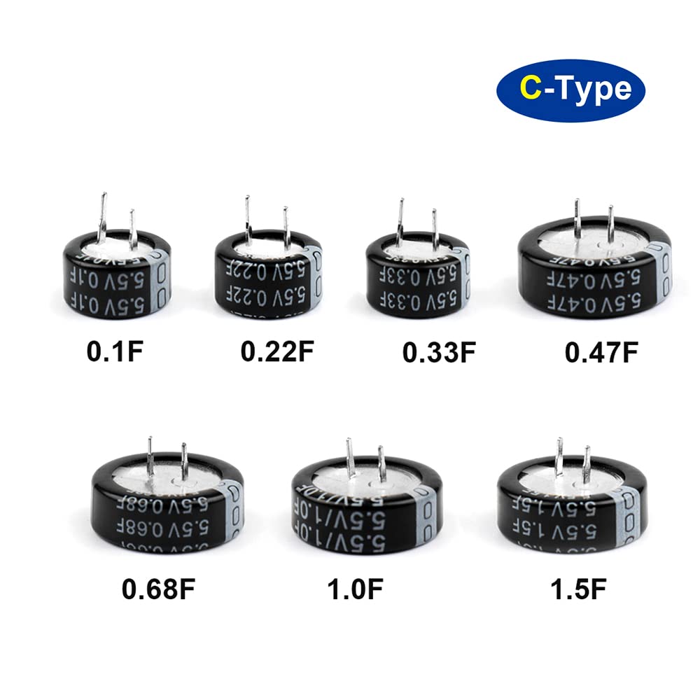 Set of electrolytic capacitors with labeled capacitance values on a white background.