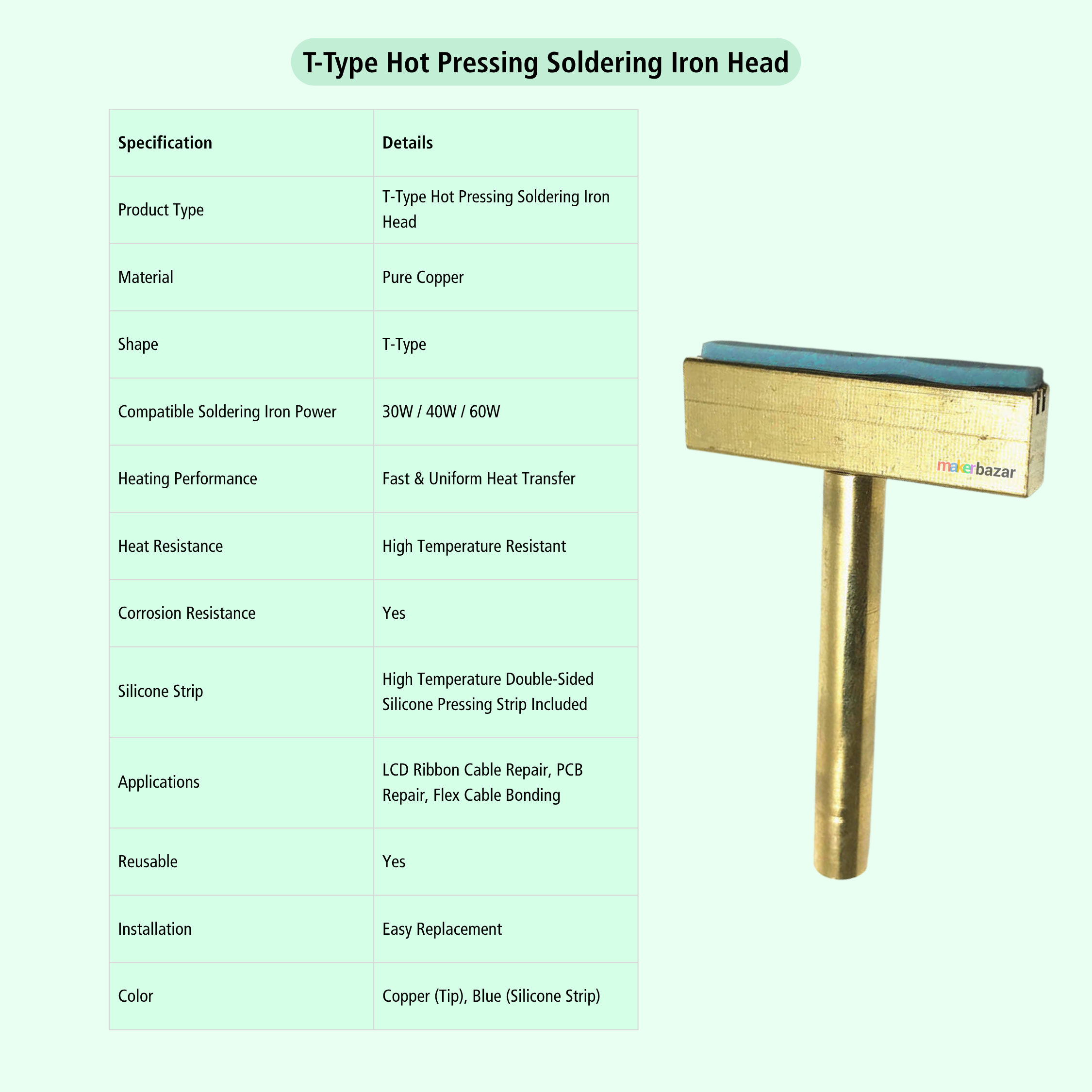 A product specification table for a T-Type Hot Pressing Soldering Iron Head on a pale green background, alongside a photo of the brass-colored iron head with a blue silicone strip on the right.