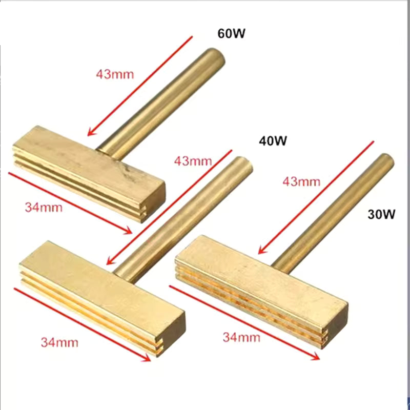 Three brass T-shaped tool inserts with red dimension arrows and labels showing 43mm length, 34mm head width, and power ratings 60W, 40W, and 30W on a white background.