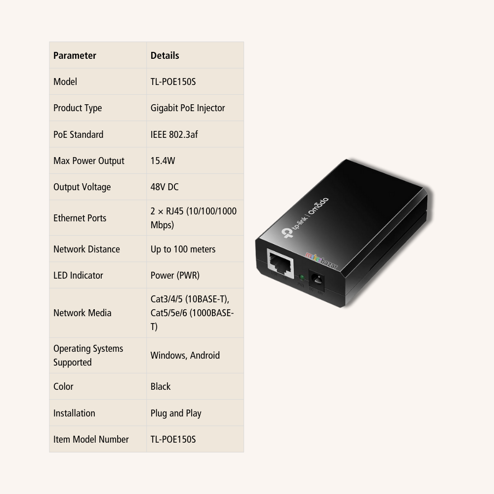 TP-Link TL-POE150S Gigabit PoE Injector IEEE 802.3af