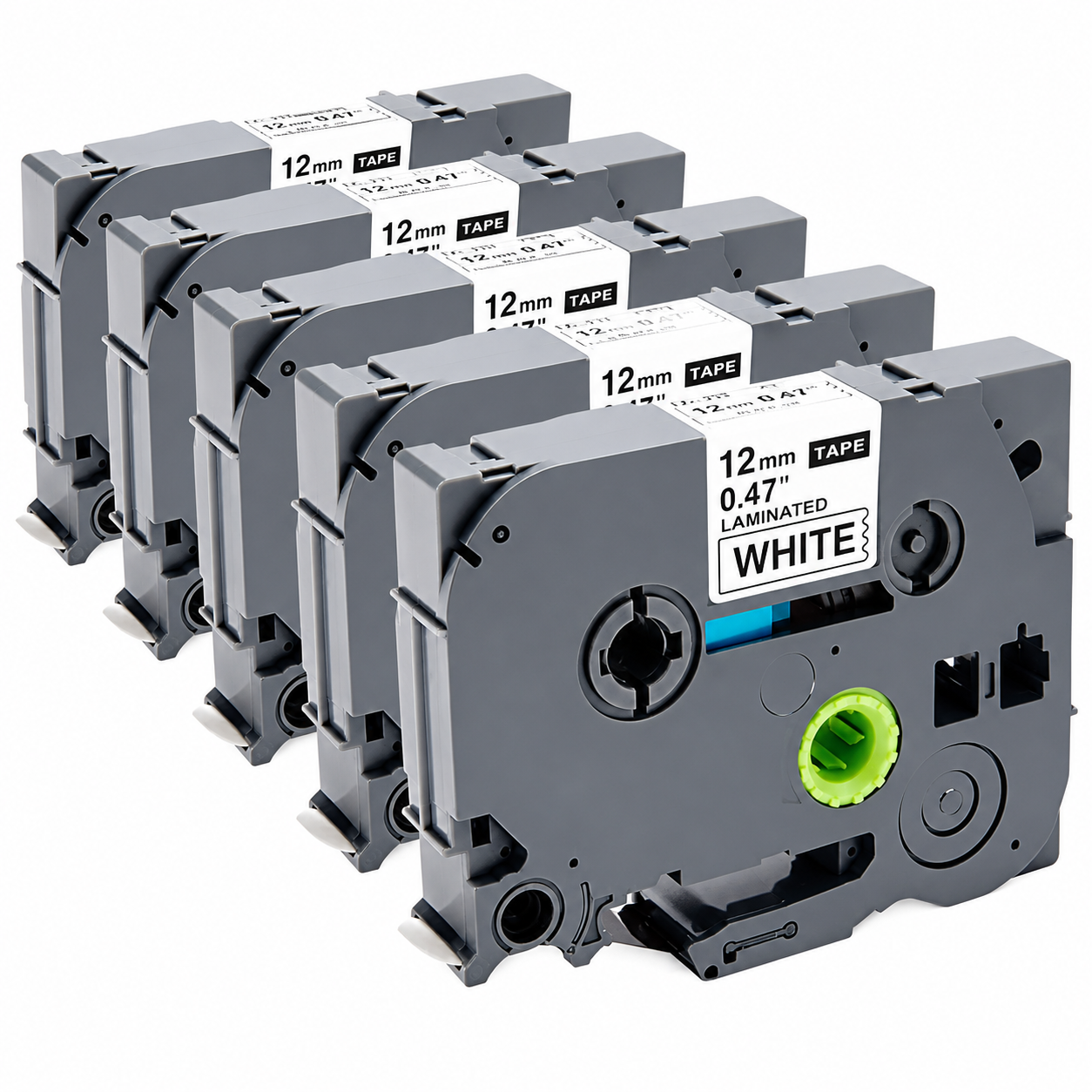 Five gray 12mm tape dispensers arranged in a row on a white background, with the front dispenser showing white tape labeled '12 mm TAPE' and 'WHITE'.