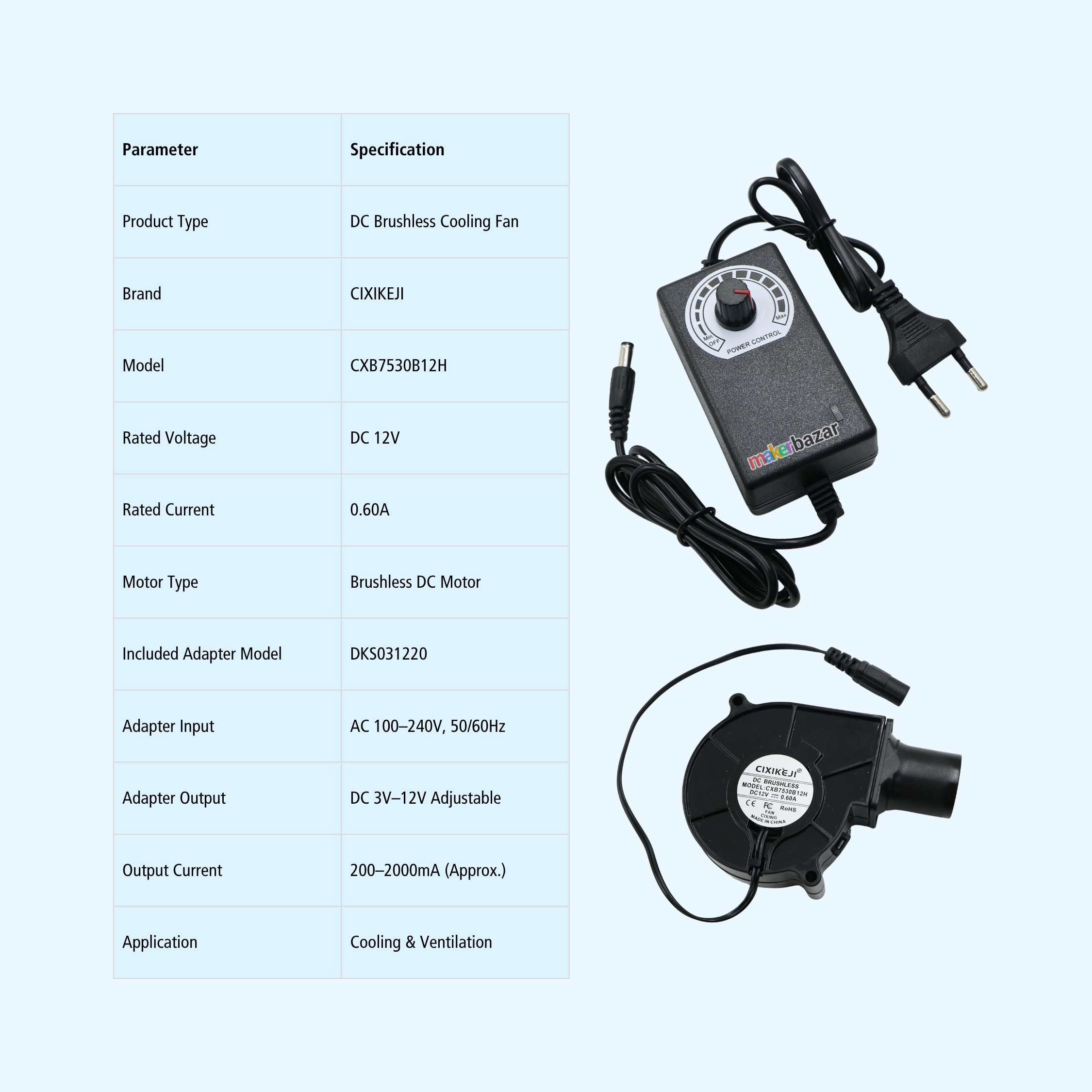 7530 12VDC Brushless Cooling Fan with Adjustable Speed Regulator Adapter