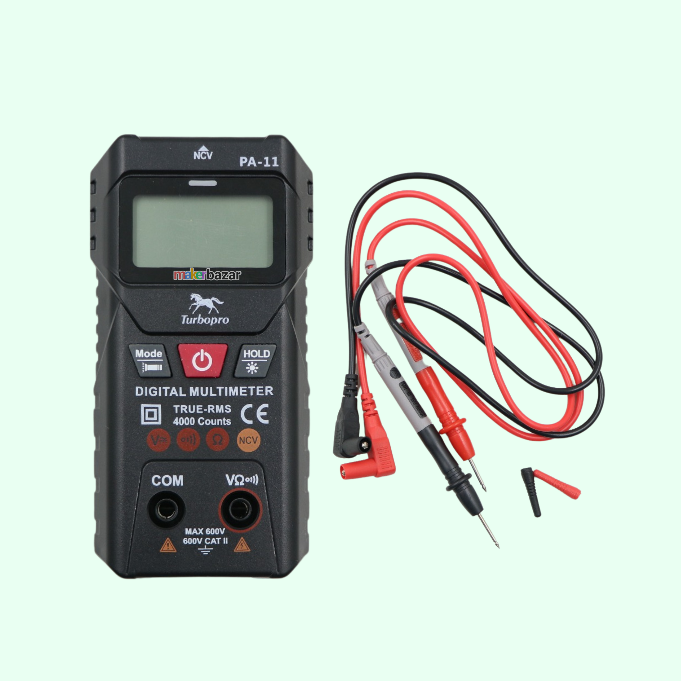 Digital multimeter with test leads on a light green background