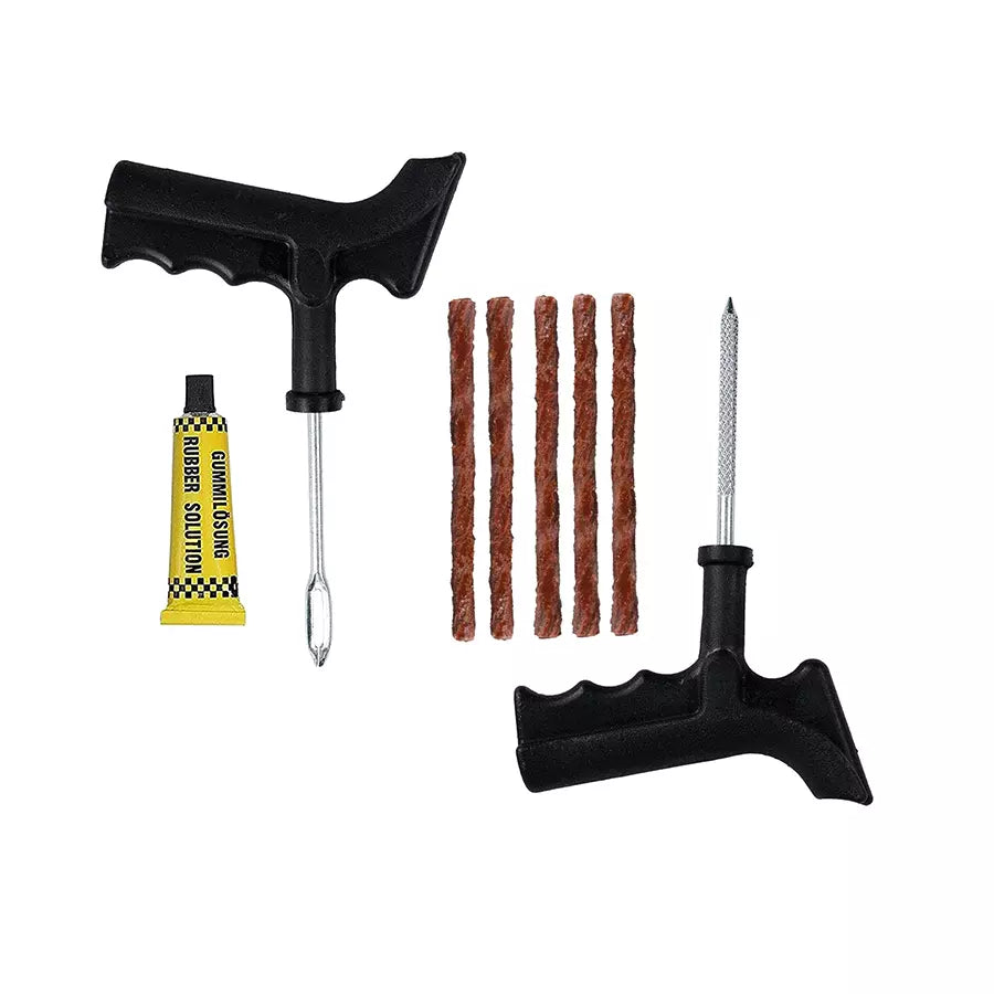 4-In-1 Puncture Repair Kit Tubeless Tyre with Nose Pliers, Rubber Cement and Extra Strips for Cars, Bikes