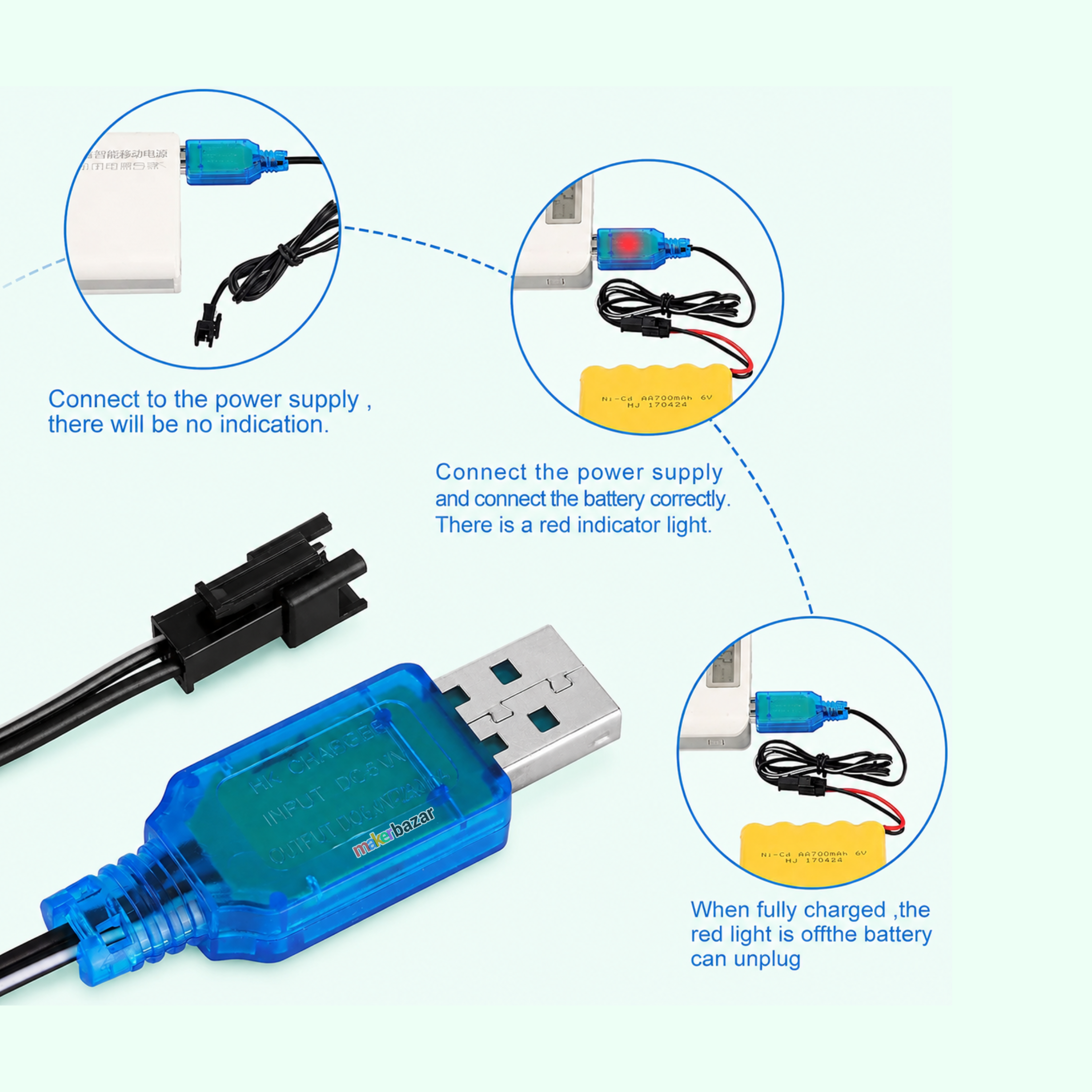 USB Charging Cable including Charging Protection BMS with SM 2P Plug for Ni-CD/Ni-MH Battery RC Car/ DIY