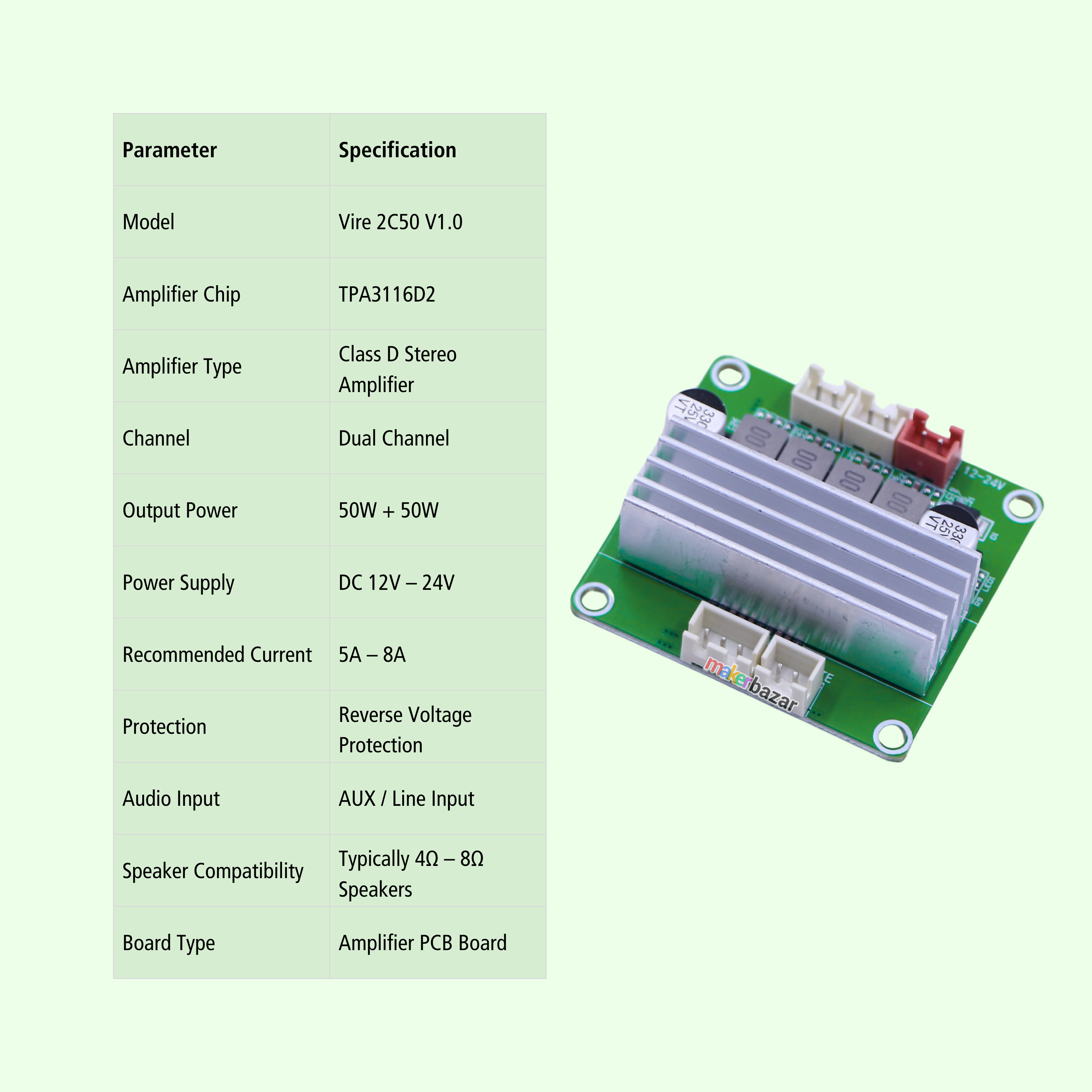 Vire-2C50-V1.1 TPA3116D2 50W+50W Stereo ClassD Amplifier Board