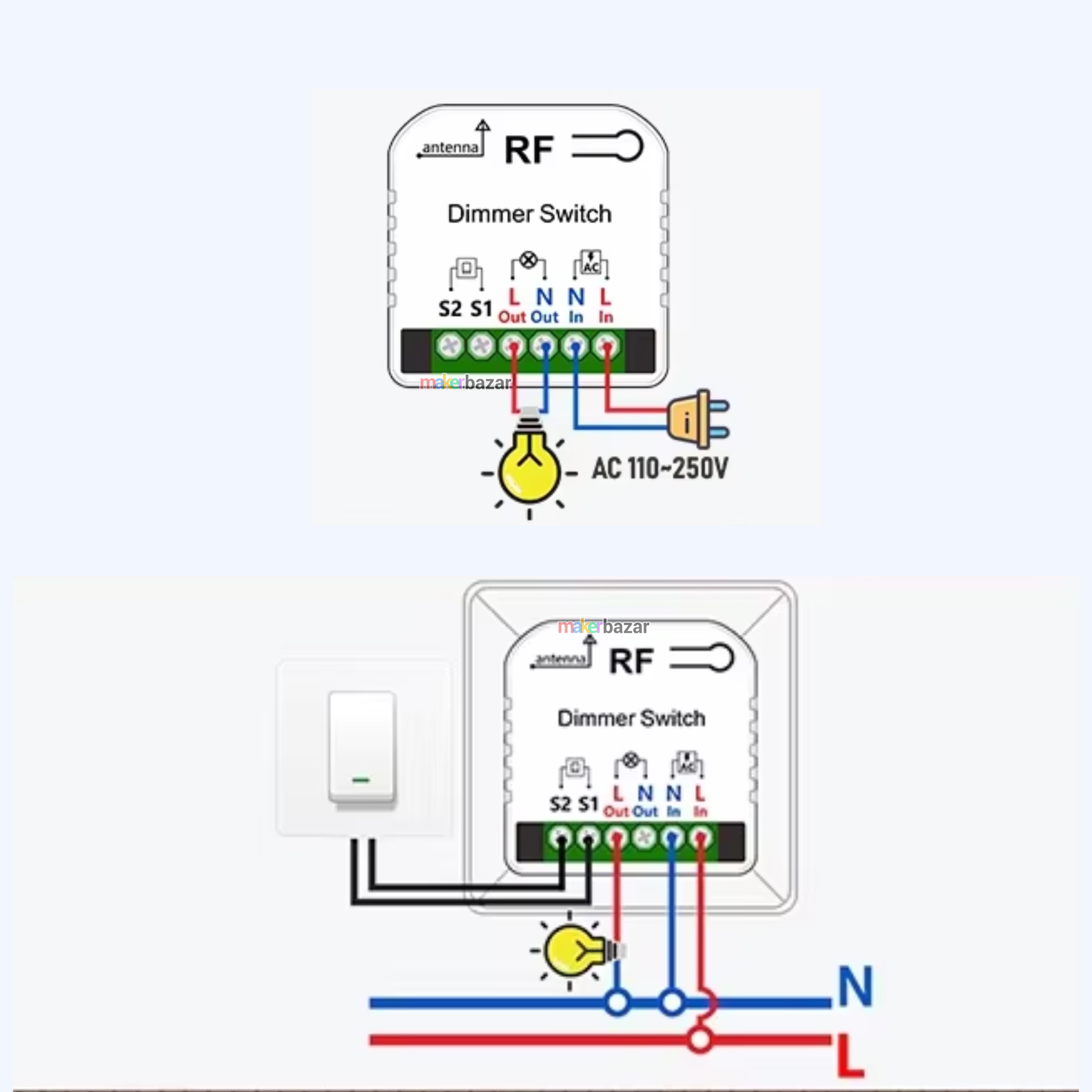 Wireless LED Light Dimmer Relay Switch Module with RF Remote (AC110–250V, 150W)
