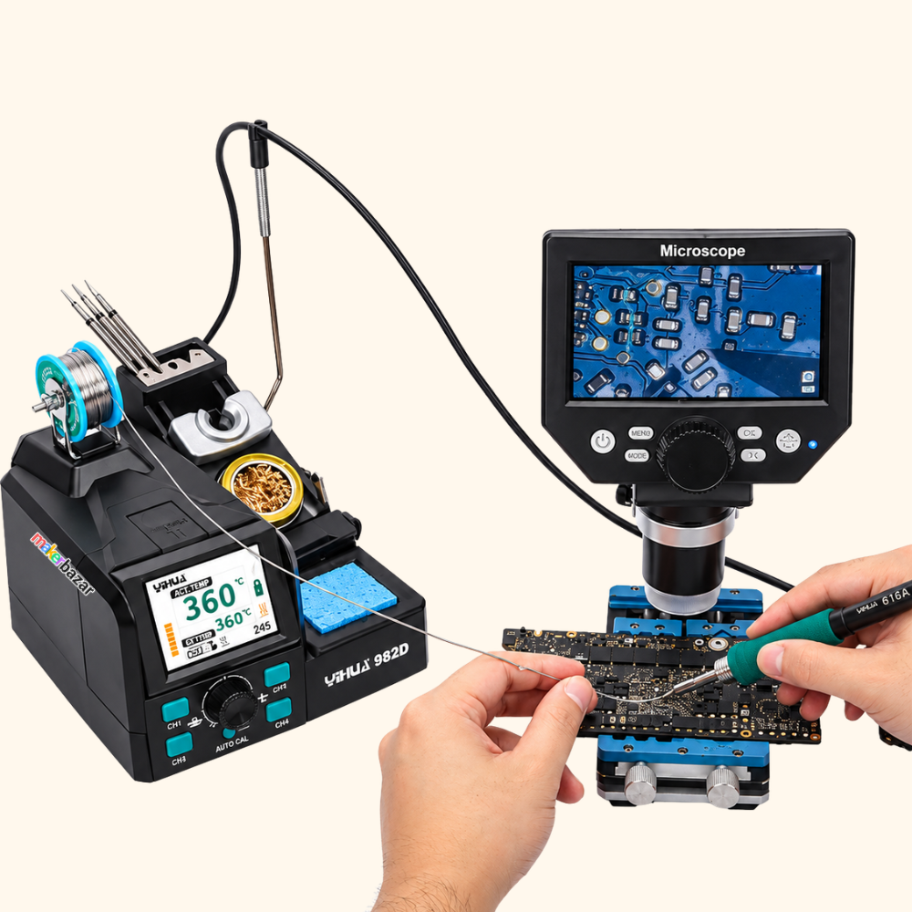 A VEVITA 9820 electronic reflowing machine shown with a microscope monitor and a person's hands holding a circuit board under the microscope, on a light beige background.