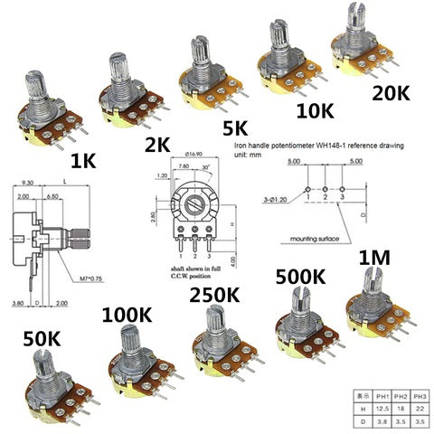 WH148 3pin 15mm Rotary Shaft Potentiometer, Linear (B) Taper Pots