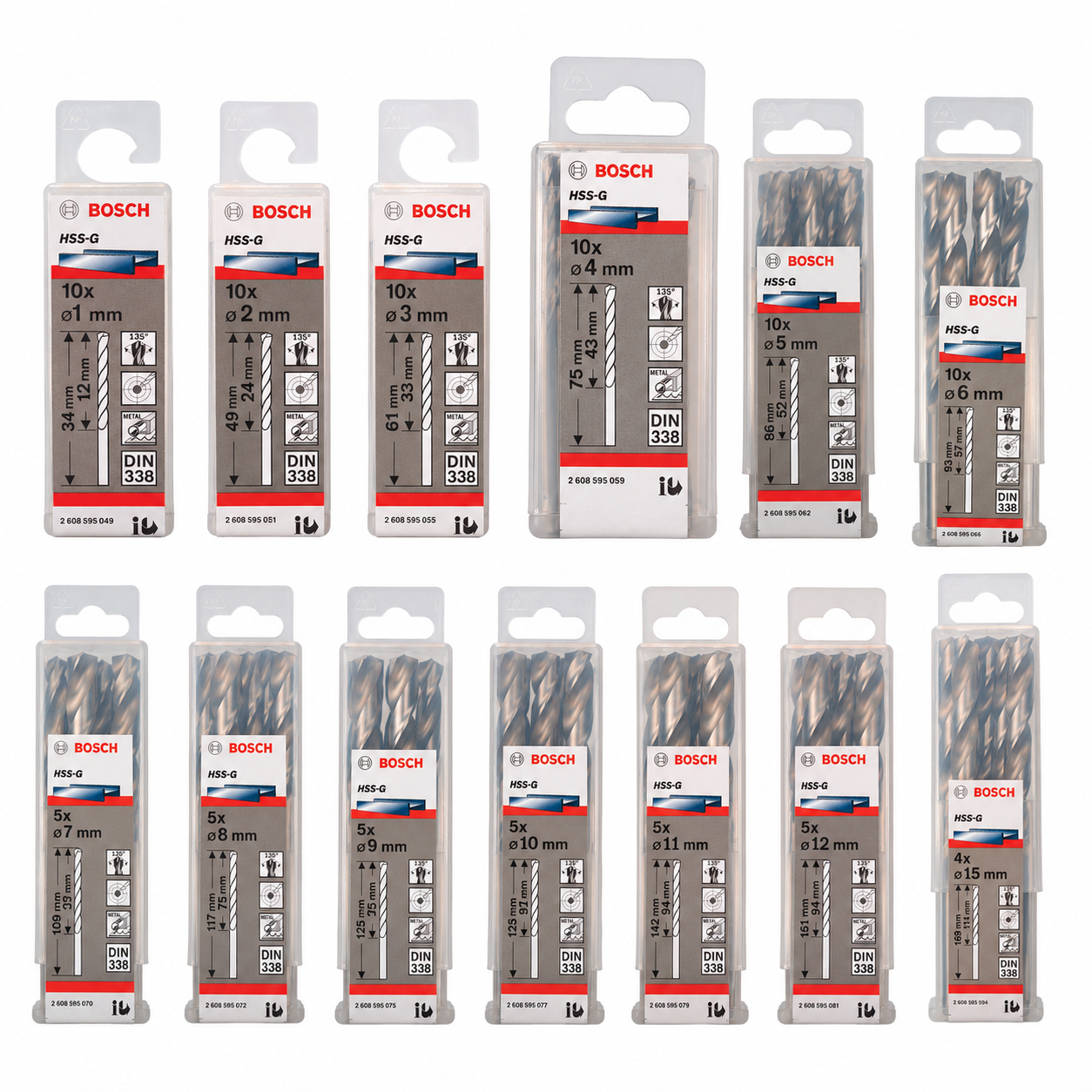 Twelve packaged Bosch HSS-Q drill bits in various diameters, arranged in two rows against a plain white background.