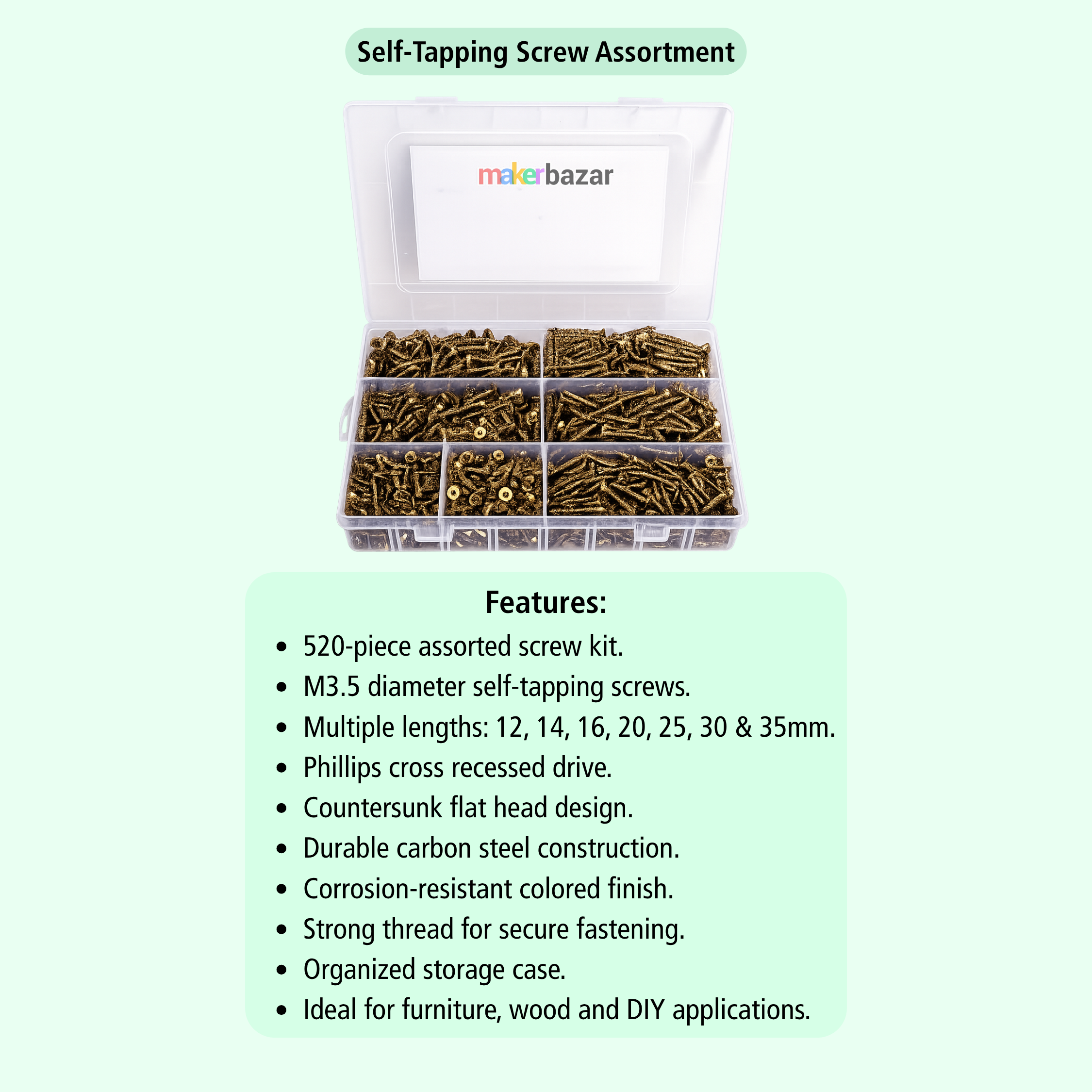 520Pcs M3.5 (12-35mm) Countersunk Head Self-Tapping Screw Assortment Kit