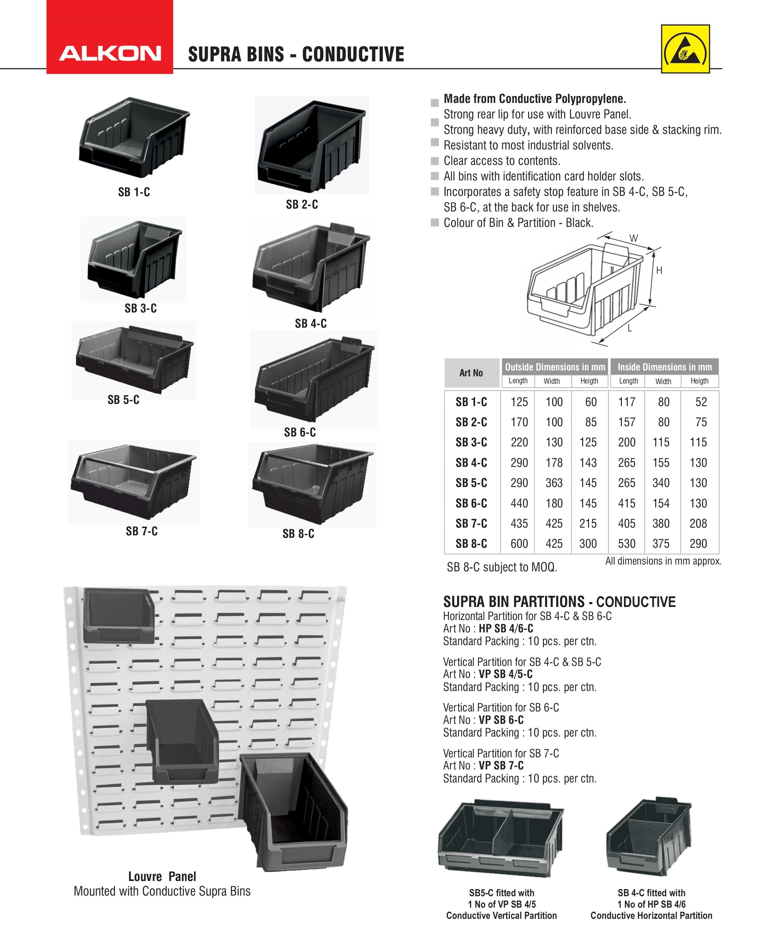 Alkon: SB 1-C Conductive ESD Supra Bin 125mm X 100mm X 60mm