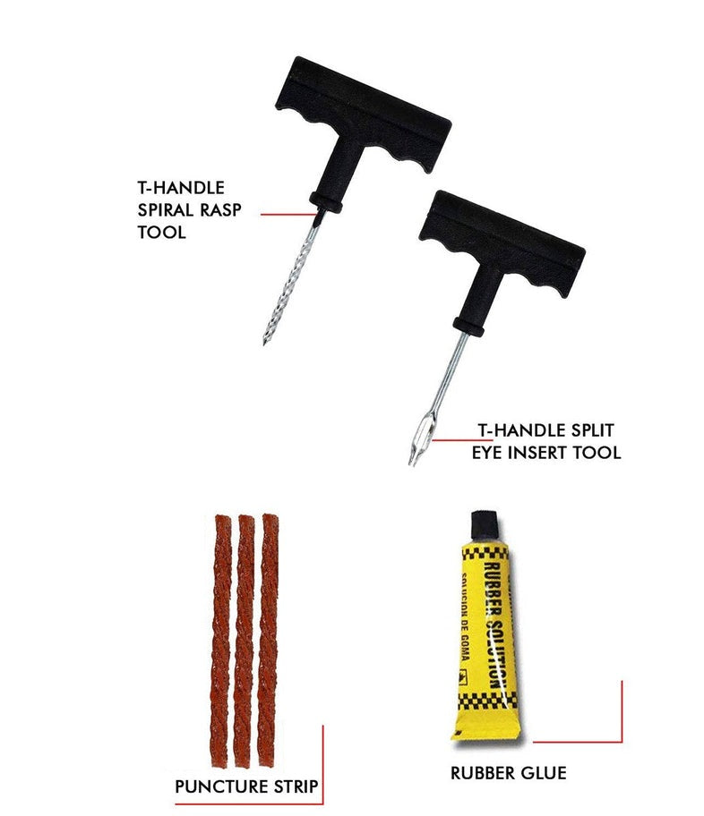 Puncture Repair Kit Tubeless Tyre Full Set with Nose Pliers, Rubber Cement and Extra Strips for Cars, Bikes