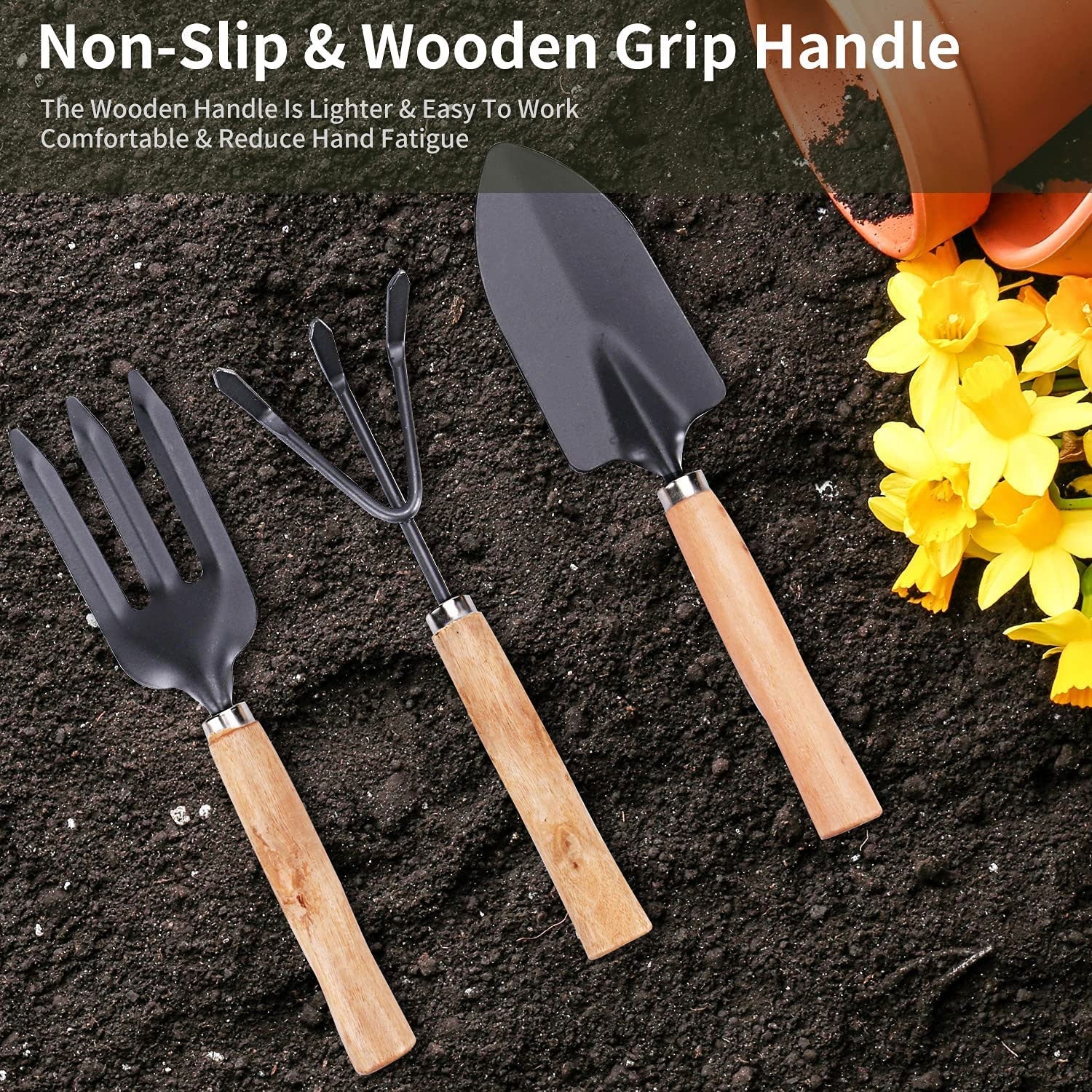 3Pcs Garden Tool Set With Wooden Handle - Medium