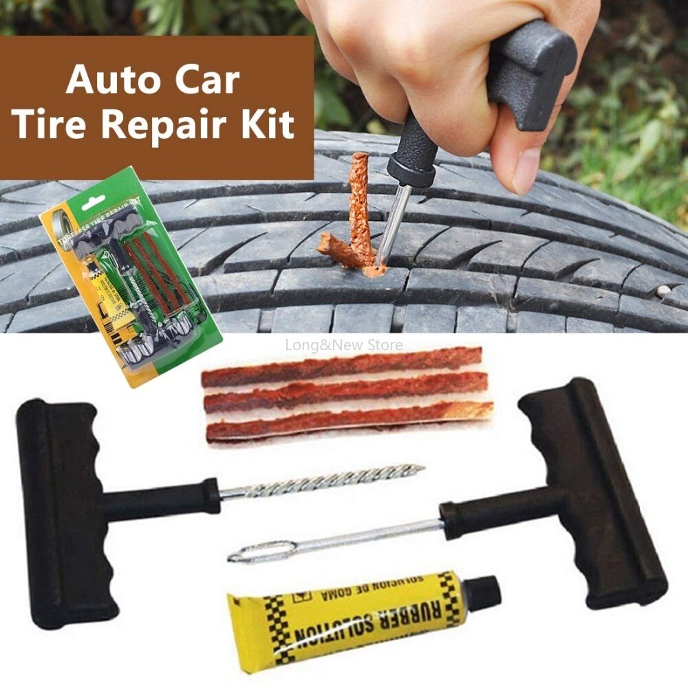 Puncture Repair Kit Tubeless Tyre Full Set with Nose Pliers, Rubber Cement and Extra Strips for Cars, Bikes