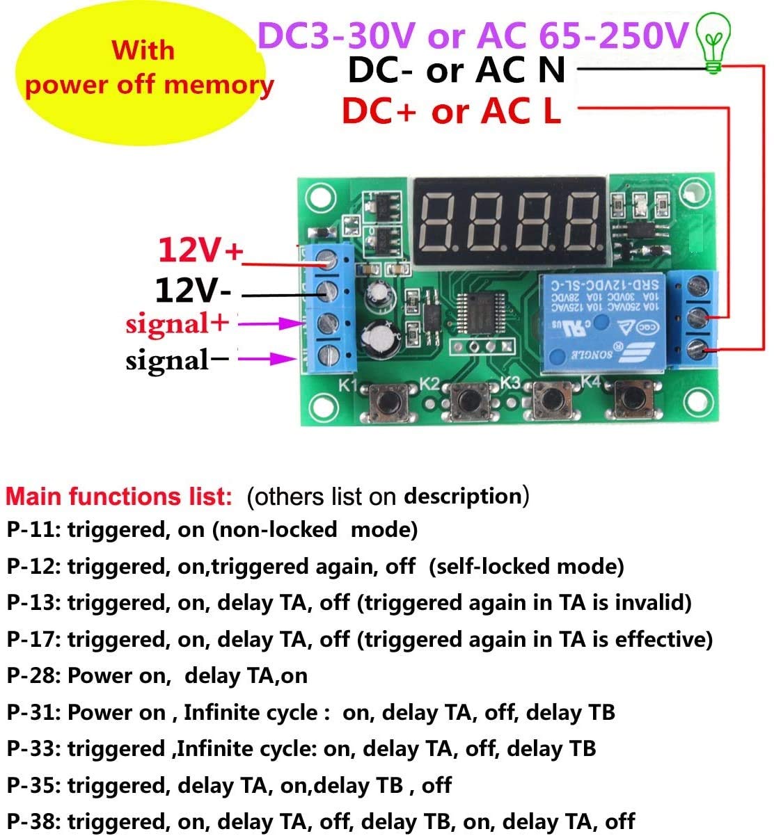 DC 12V 5A YYC-2S Adjustable 4 Digit LED Delay Relay Module Timer Control Switch Board (Green)