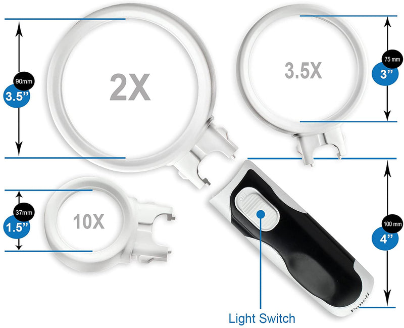 Magnifying Glass with Light - 3 Lens Set (2x + 3.5x + 10x)