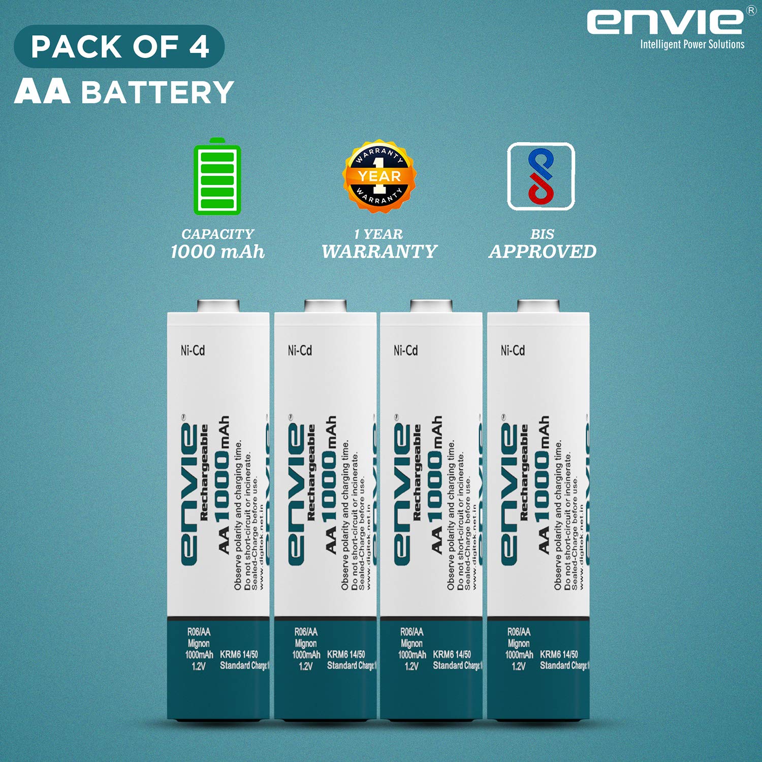 Envie: Rechargeable AA Batteries 1.2v NiCd 1000mah (Pack of 4)